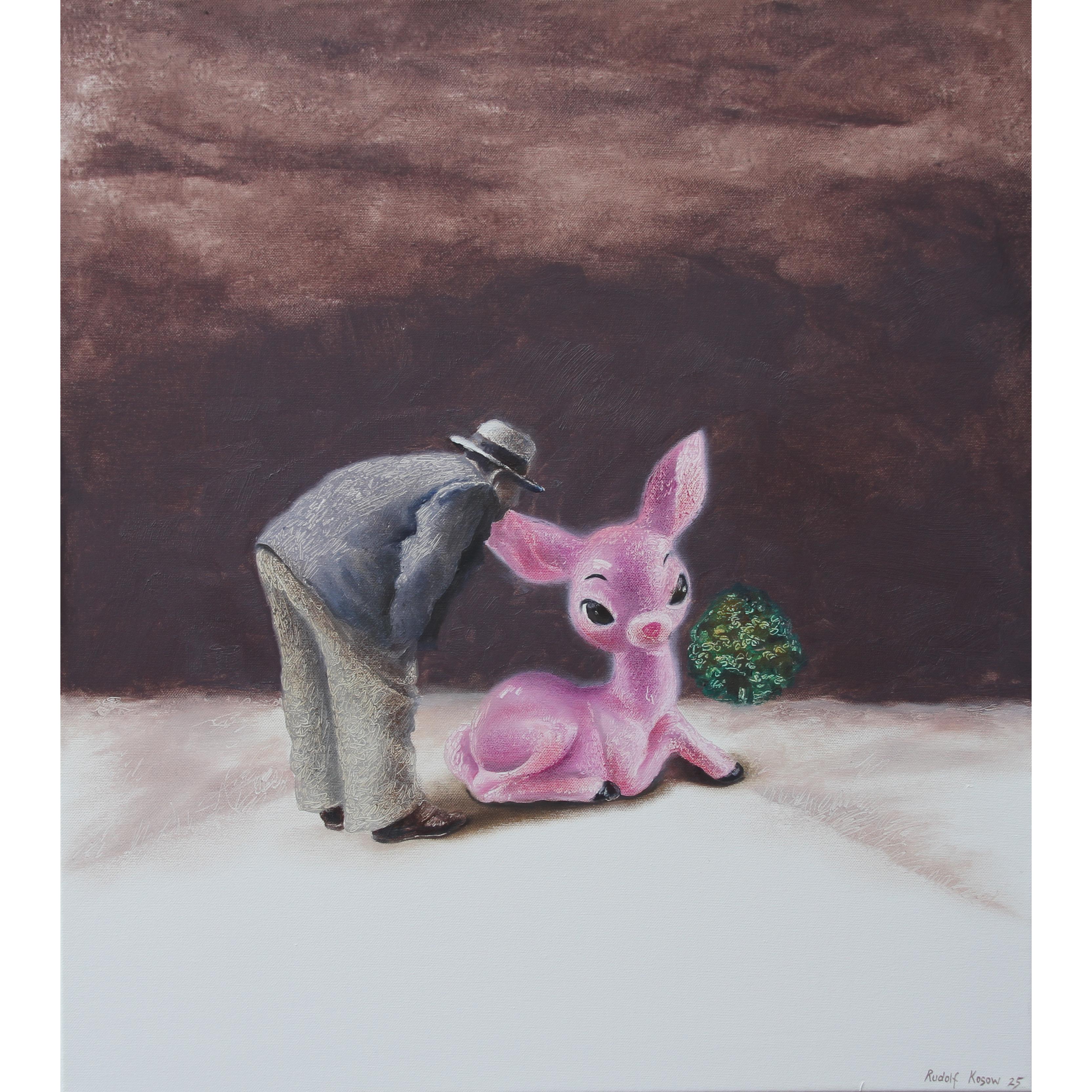 Trueing (surrealistisches Ölgemälde rosa Fawn Bambi chestnut mahogany Brown) – Painting von Rudolf Kosow
