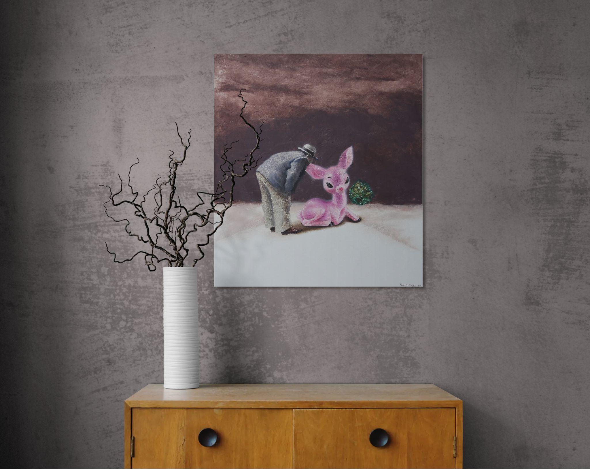 Trueing (surrealistisches Ölgemälde rosa Fawn Bambi chestnut mahogany Brown) (Surrealismus), Painting, von Rudolf Kosow