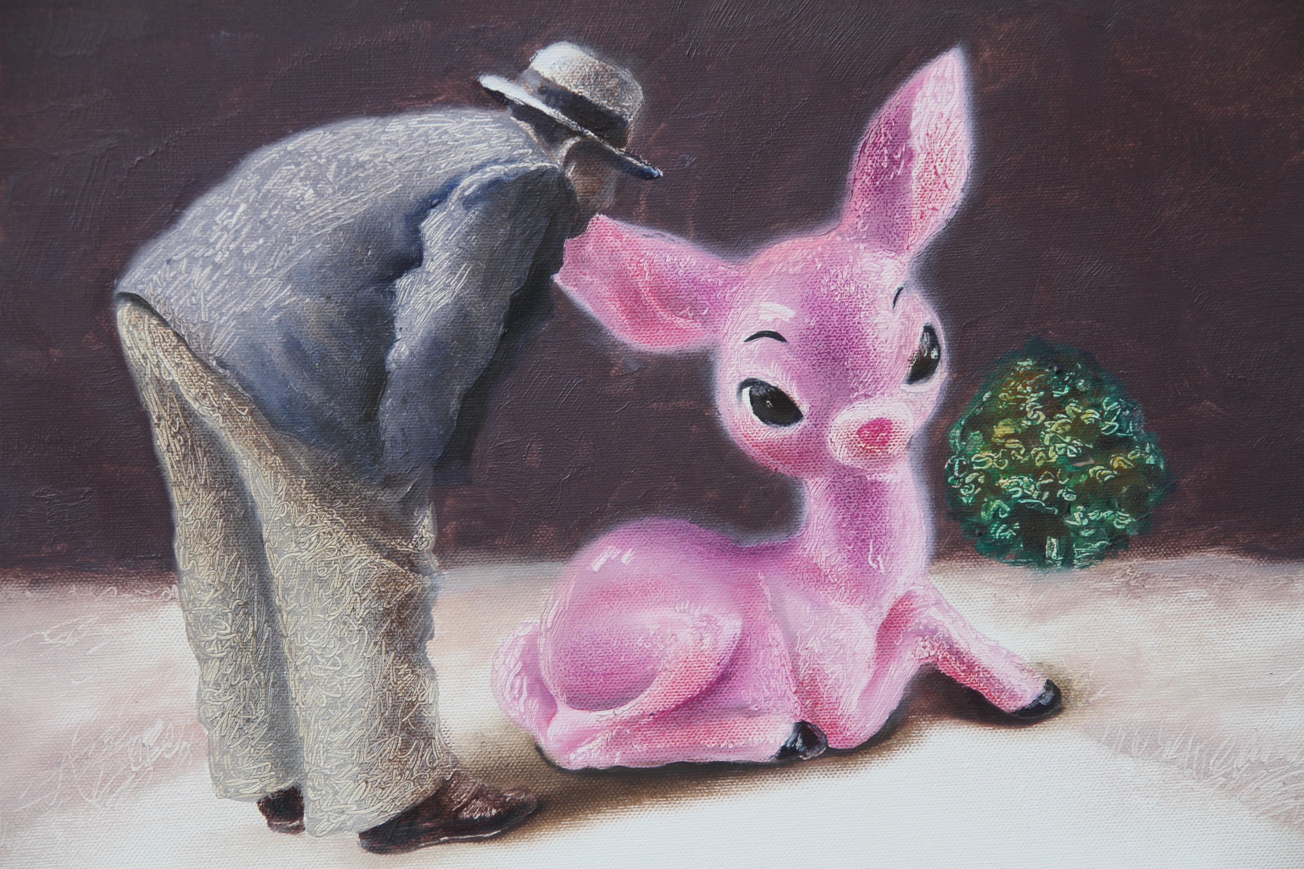 Trueing (surrealistisches Ölgemälde rosa Fawn Bambi chestnut mahogany Brown) (Grau), Figurative Painting, von Rudolf Kosow