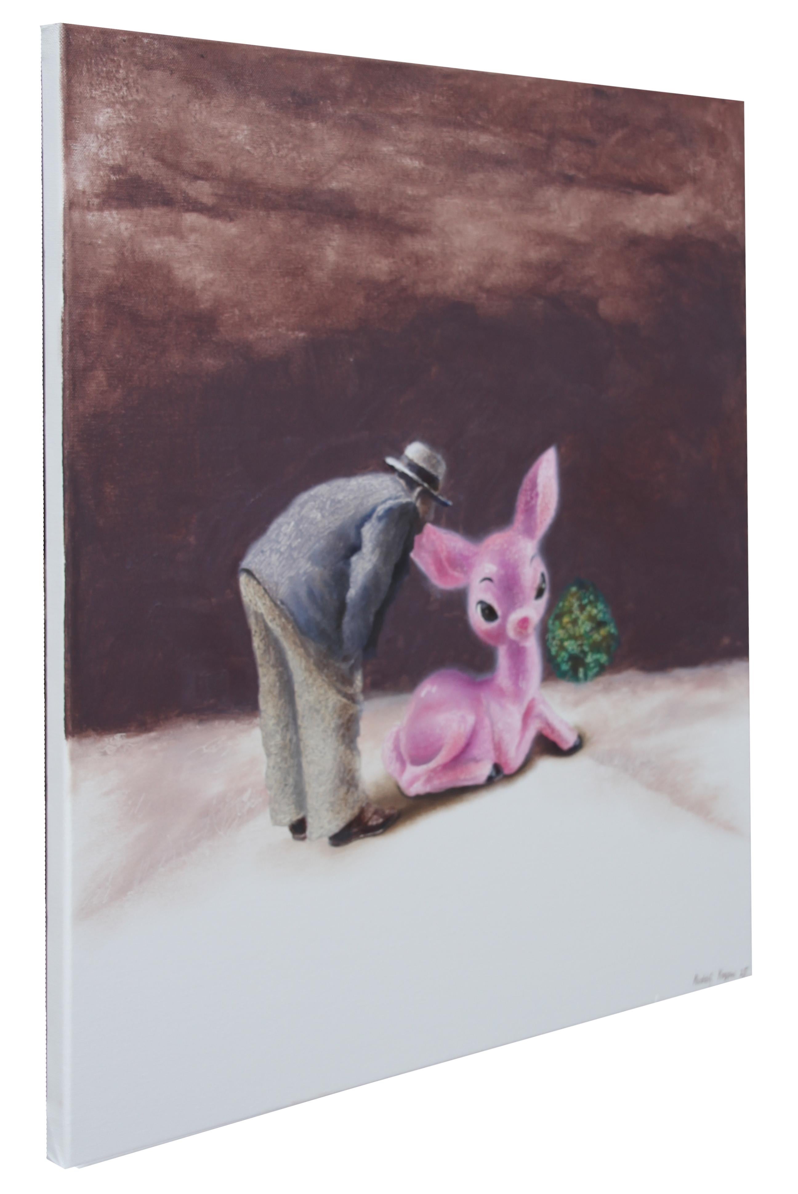 Trueing (surrealistisches Ölgemälde rosa Fawn Bambi chestnut mahogany Brown) im Angebot 2