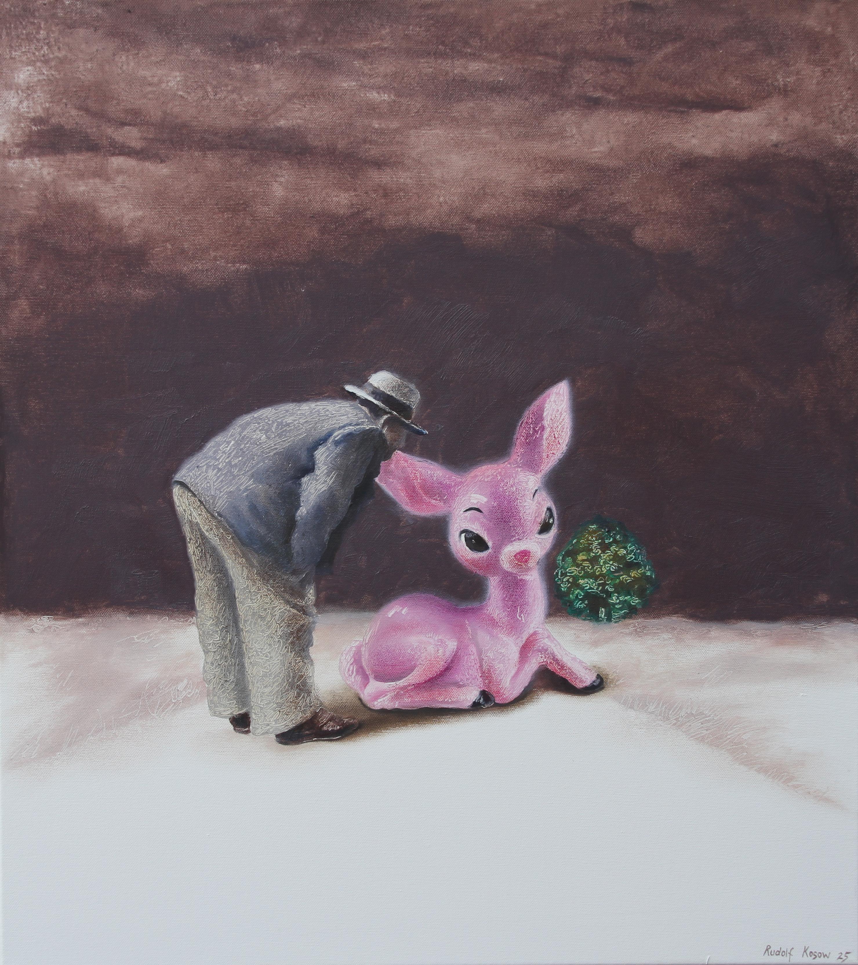 Rudolf Kosow Figurative Painting – Trueing (surrealistisches Ölgemälde rosa Fawn Bambi chestnut mahogany Brown)