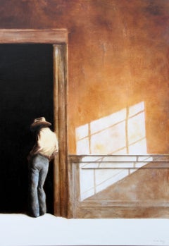 Uncertain (oil painting lone cowboy earth tones western hat nostalgia vintage)