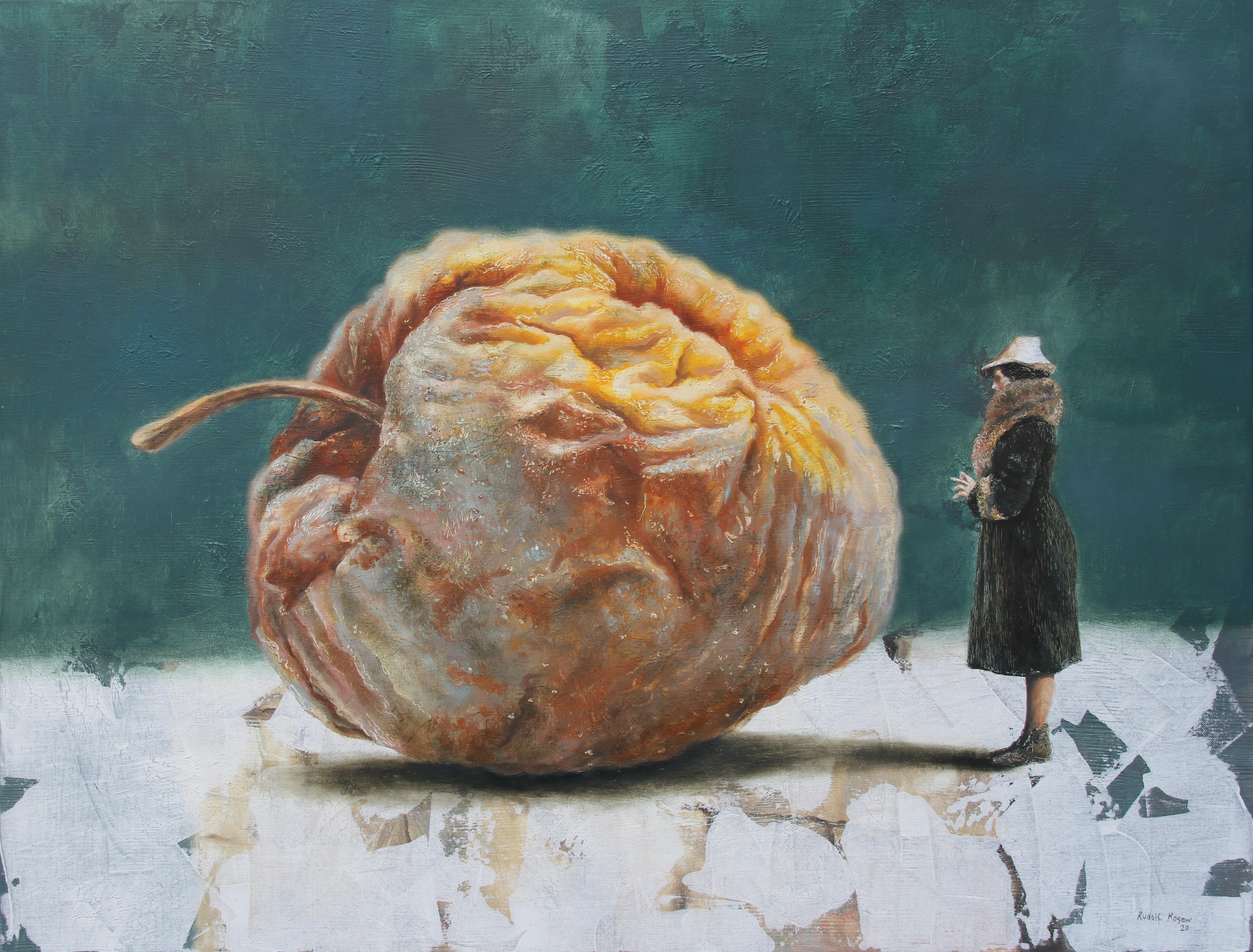 Rudolf Kosow Still-Life Painting - Unexplicable (teal art apricot lady brown vintage earth tone nostalgia fur coat 