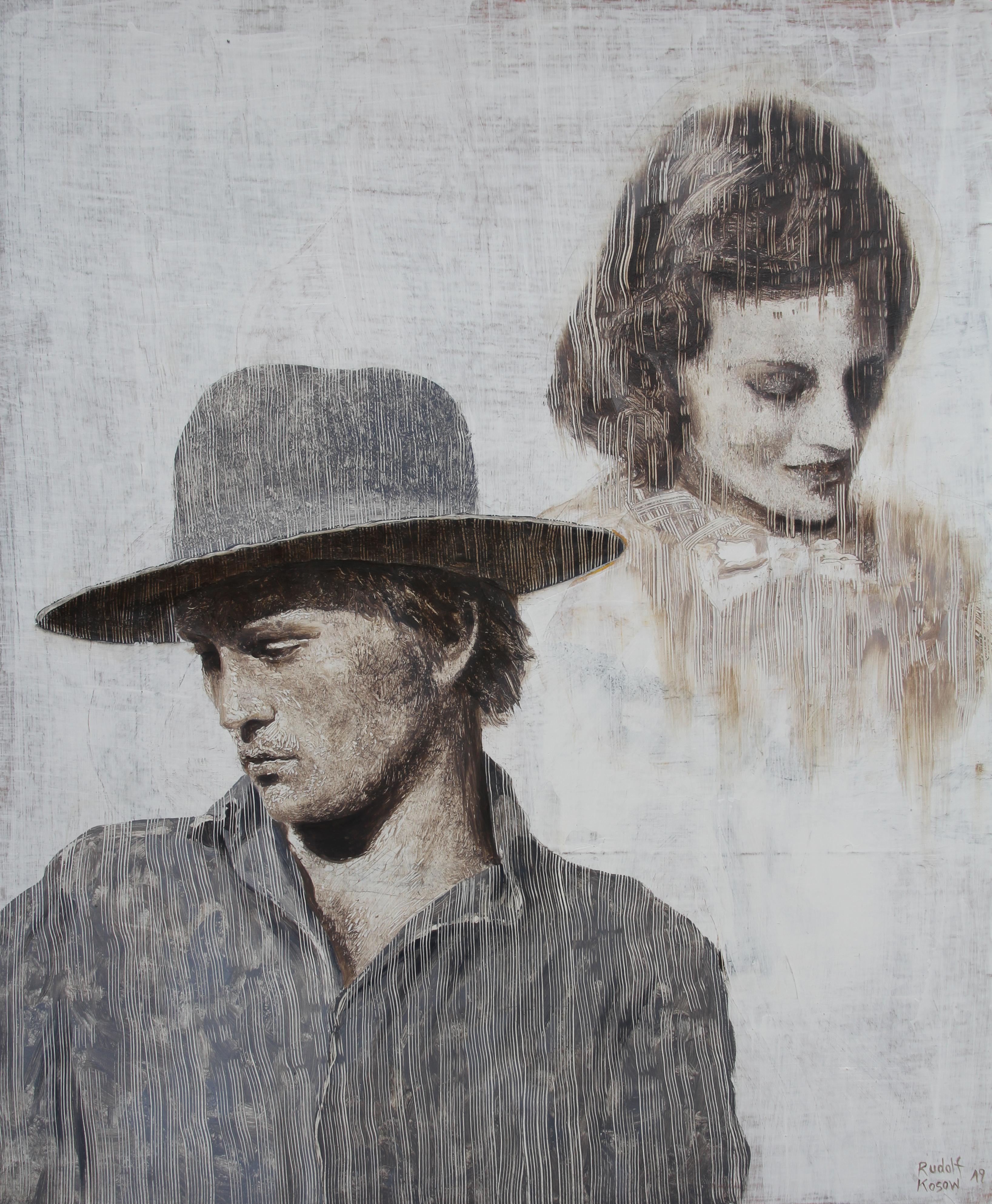 Rudolf Kosow Figurative Painting - Unforgotten  (oil painting monochrome vintage couple hat portrait earth tones