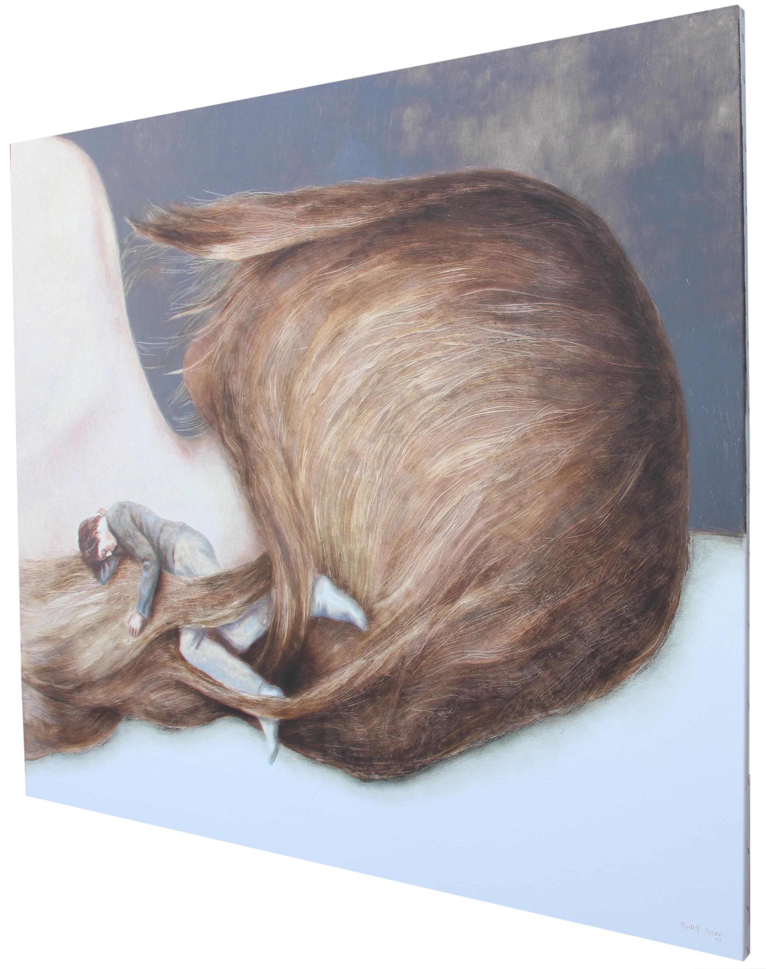 United (figurative oil painting couple romantic surrealism hair sleeping love) - Painting by Rudolf Kosow