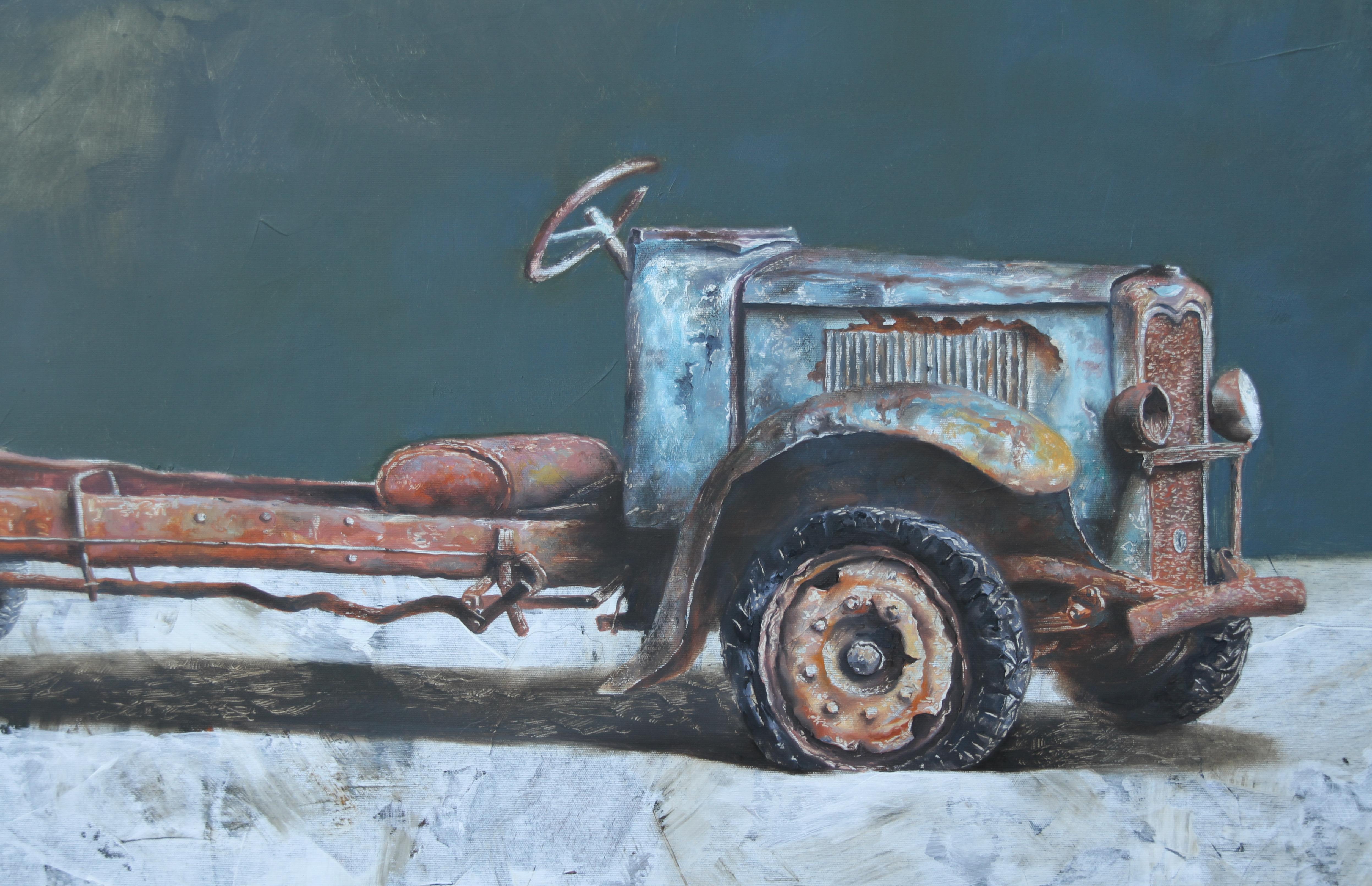 Used and Needless (peinture d'une vieille gravure vintage d'un vieil tractor américain dans une ferme nostalgie) - Painting de Rudolf Kosow