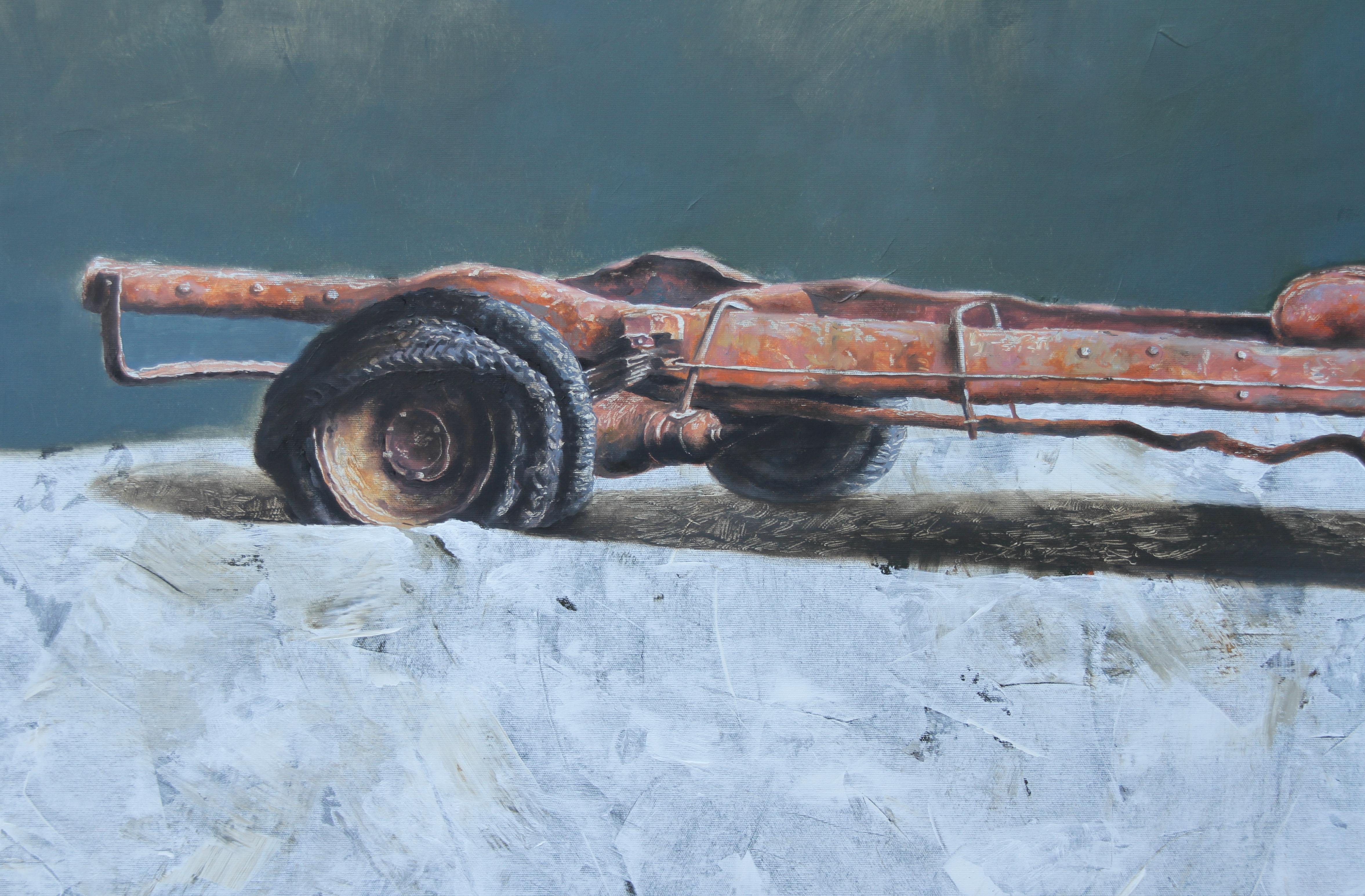 Used and Needless (peinture d'une vieille gravure vintage d'un vieil tractor américain dans une ferme nostalgie) - Réalisme américain Painting par Rudolf Kosow