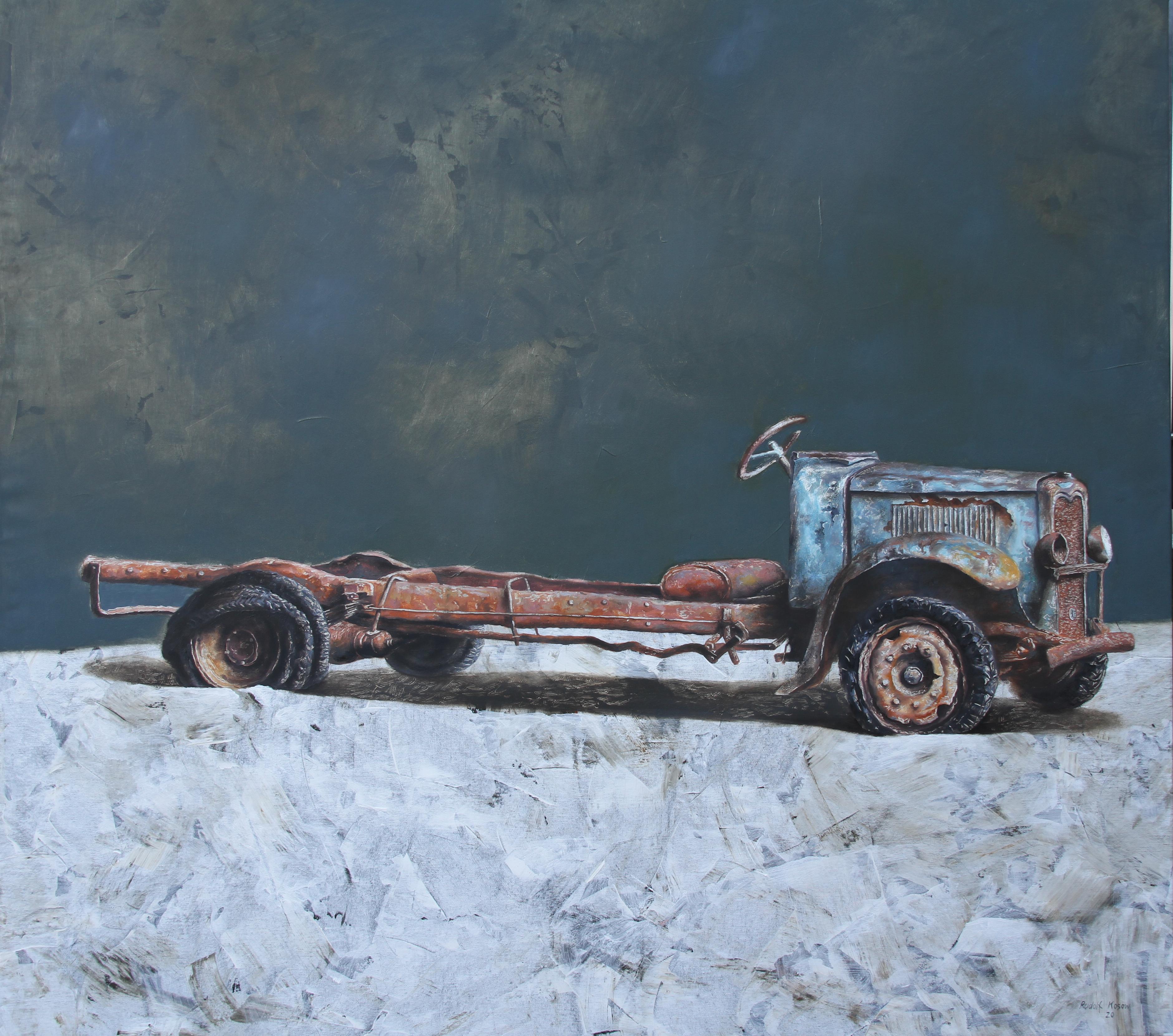 Landscape Painting Rudolf Kosow - Used and Needless (peinture d'une vieille gravure vintage d'un vieil tractor américain dans une ferme nostalgie)