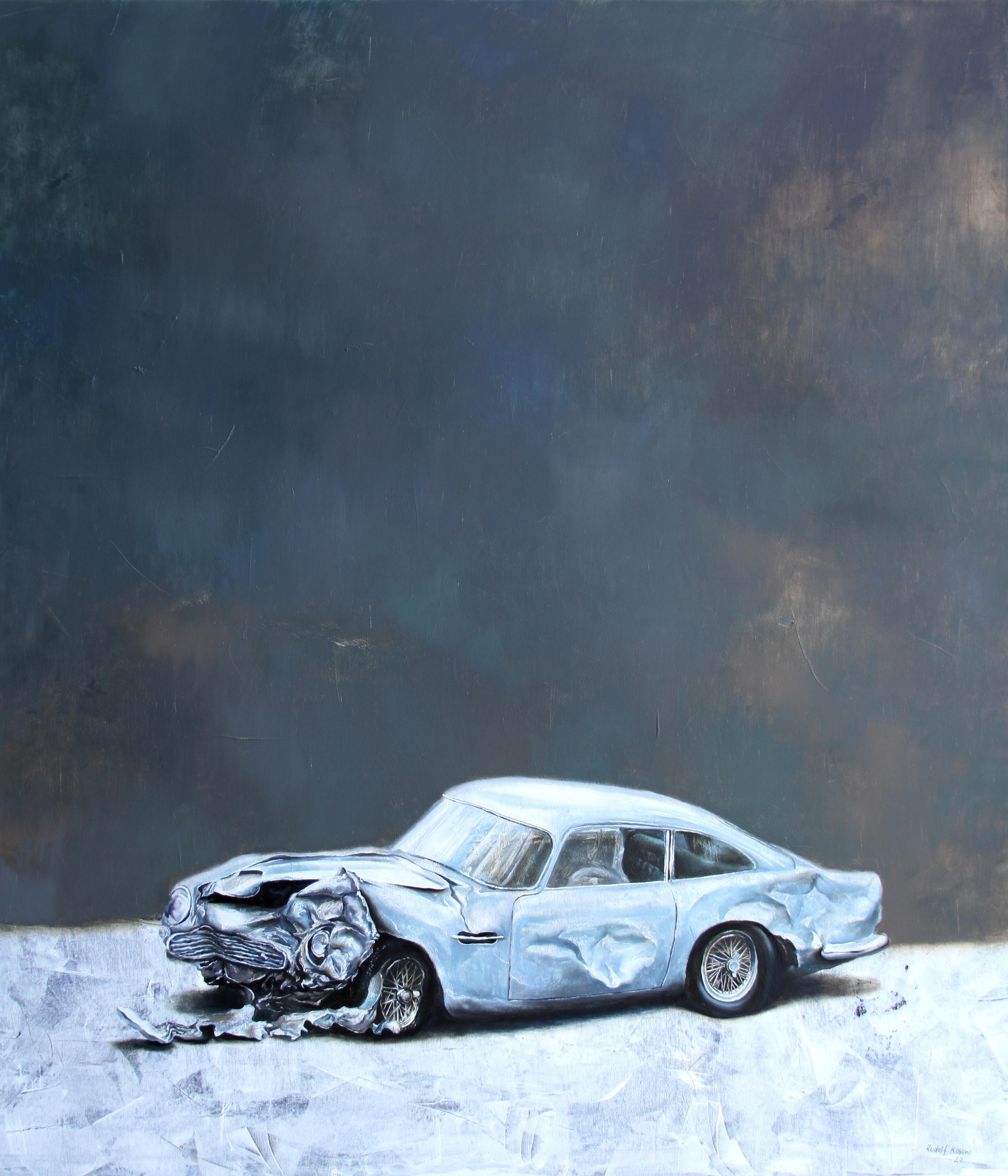 Useless (painting vintage old car wreck nostalgia light blue auto oil painting) - Painting by Rudolf Kosow
