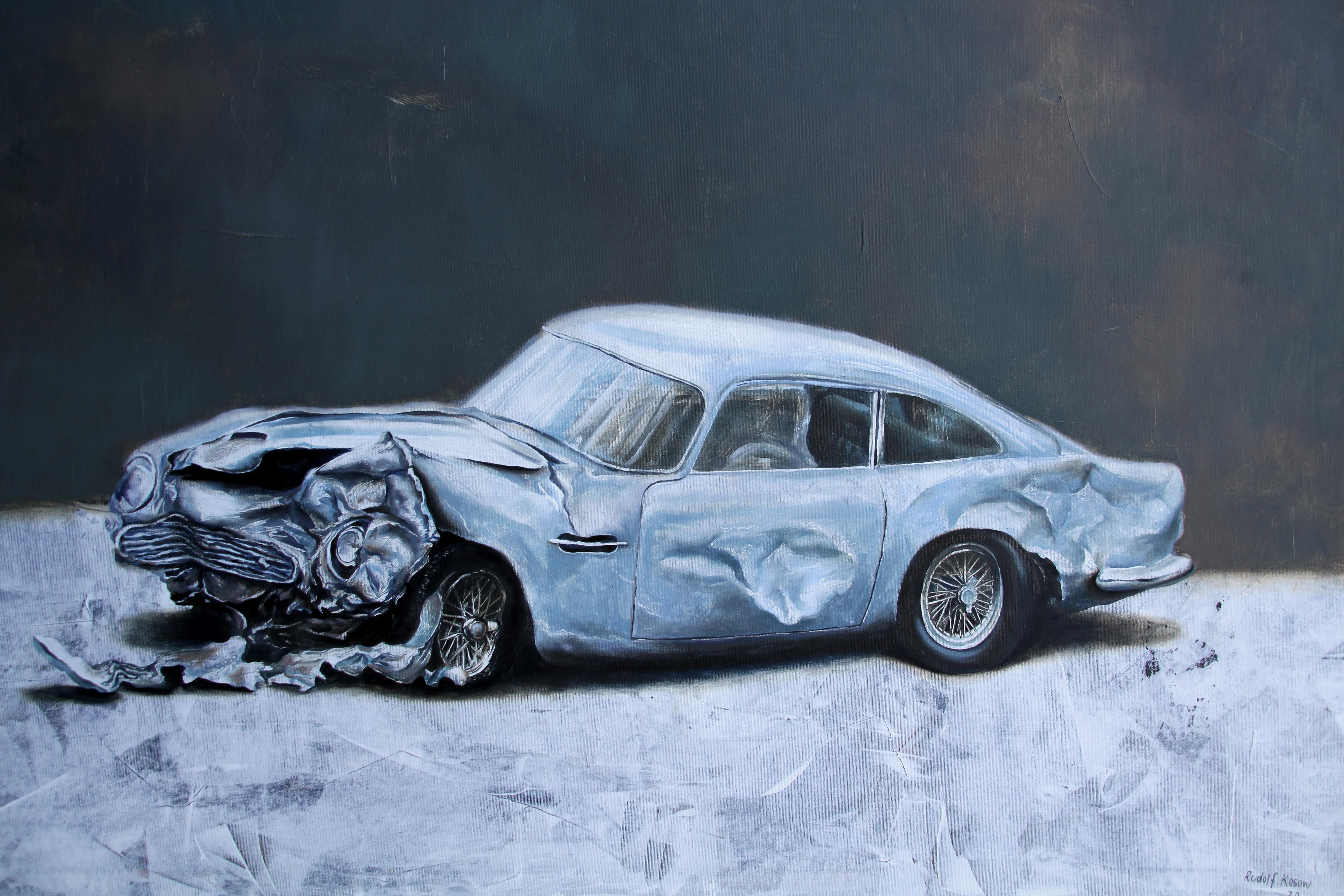 Rudolf Kosow Landscape Painting - Useless (painting vintage old car wreck nostalgia light blue auto oil painting)