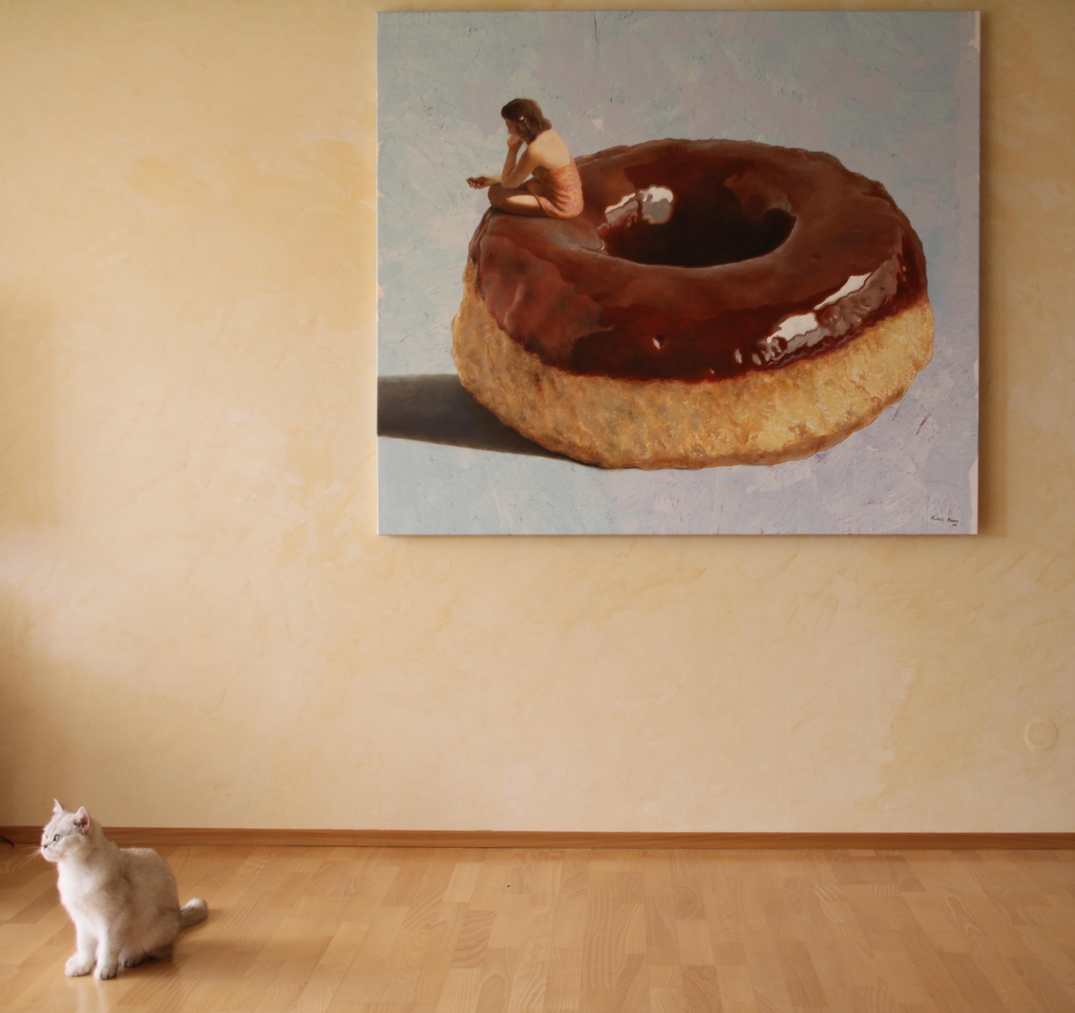 Vicious Circle (donut cake lady dessert americana vintage surreal painting) - Surrealist Painting by Rudolf Kosow
