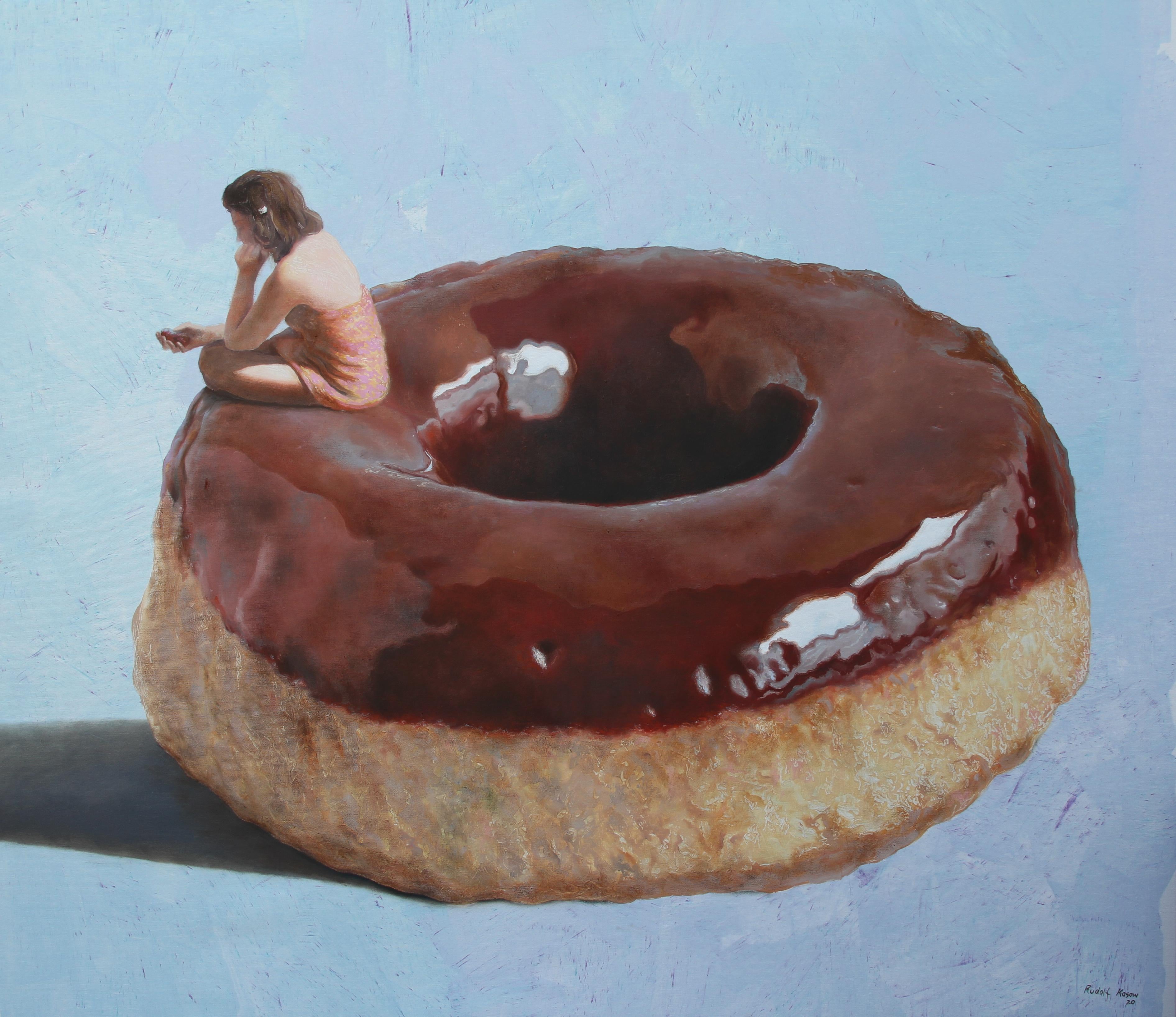 Rudolf Kosow Figurative Painting - Vicious Circle (donut cake lady dessert americana vintage surreal painting)