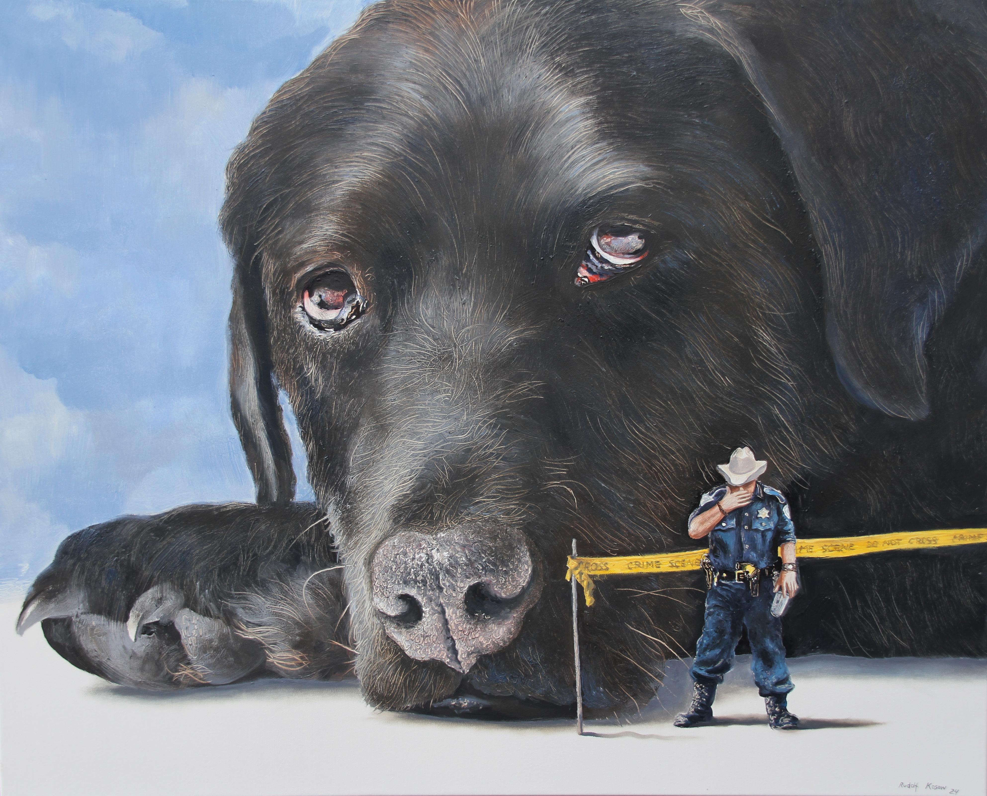 Figurative Painting di Rudolf Kosow - L'incubo di Vincent (cane Lab nero con faccia da poliziotto polizia crimine surreale pittura ad olio)