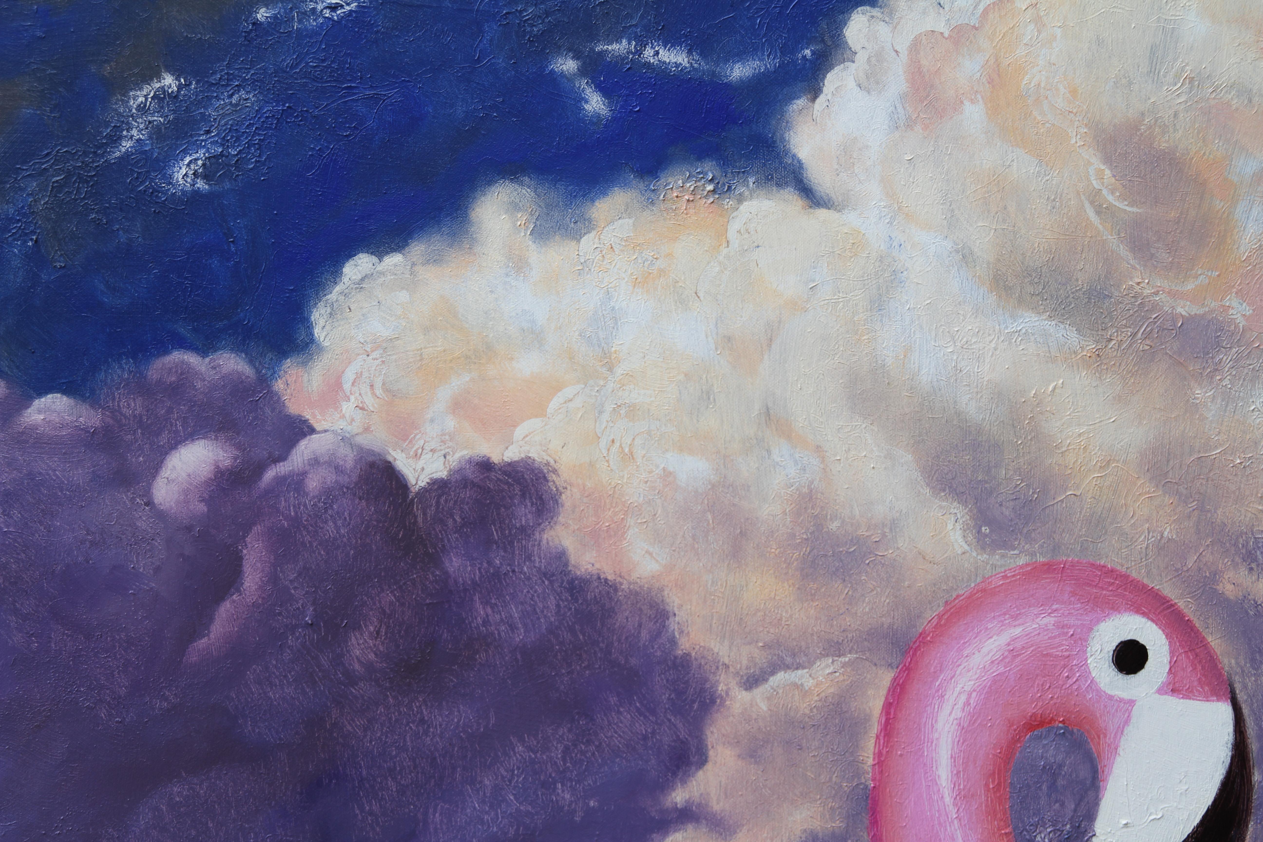 In questo dipinto surrealista, una coppia vestita con abiti vintage riposa in cima a un fenicottero gonfiabile rosa gigante, alla deriva in uno spazio indefinito. Il cielo alle loro spalle è una tempesta emotiva di viola intenso e blu lunatico, che