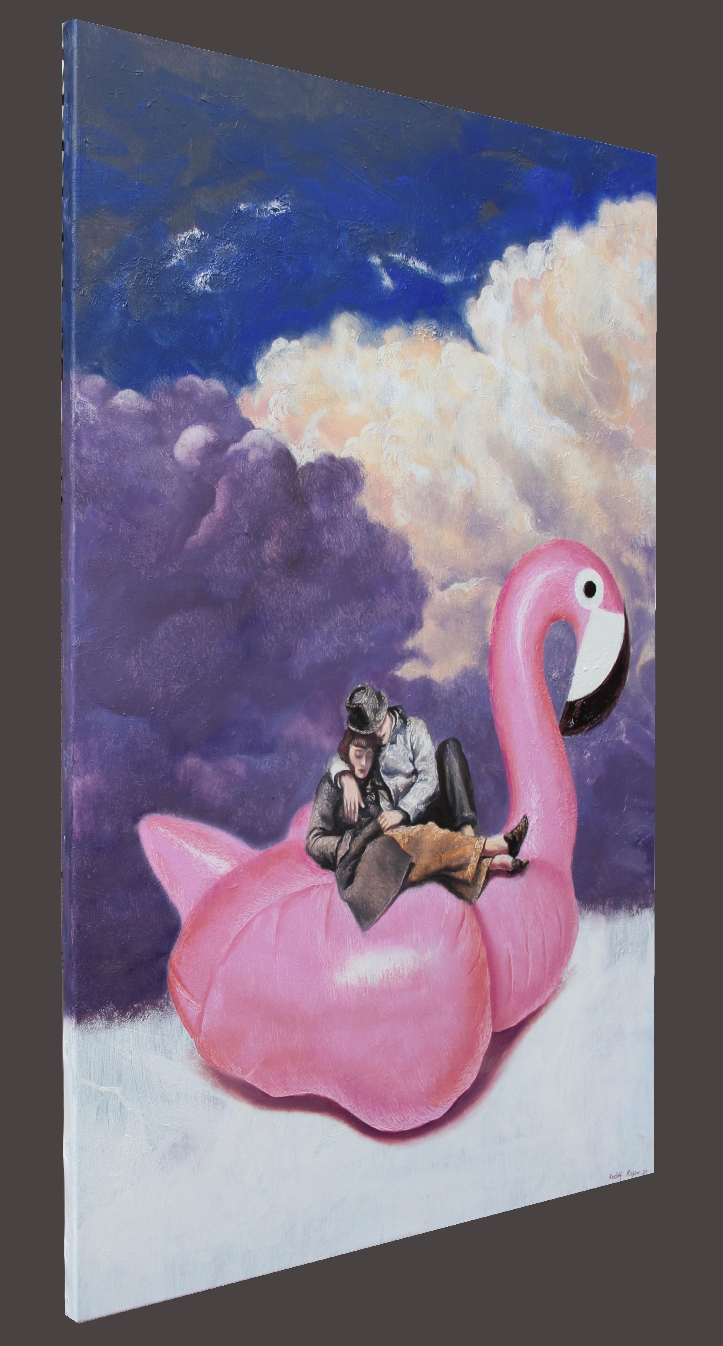 Voyage (coppia fenicottero rosa blu malva cielo americano quadro vintage surreale) in vendita 1