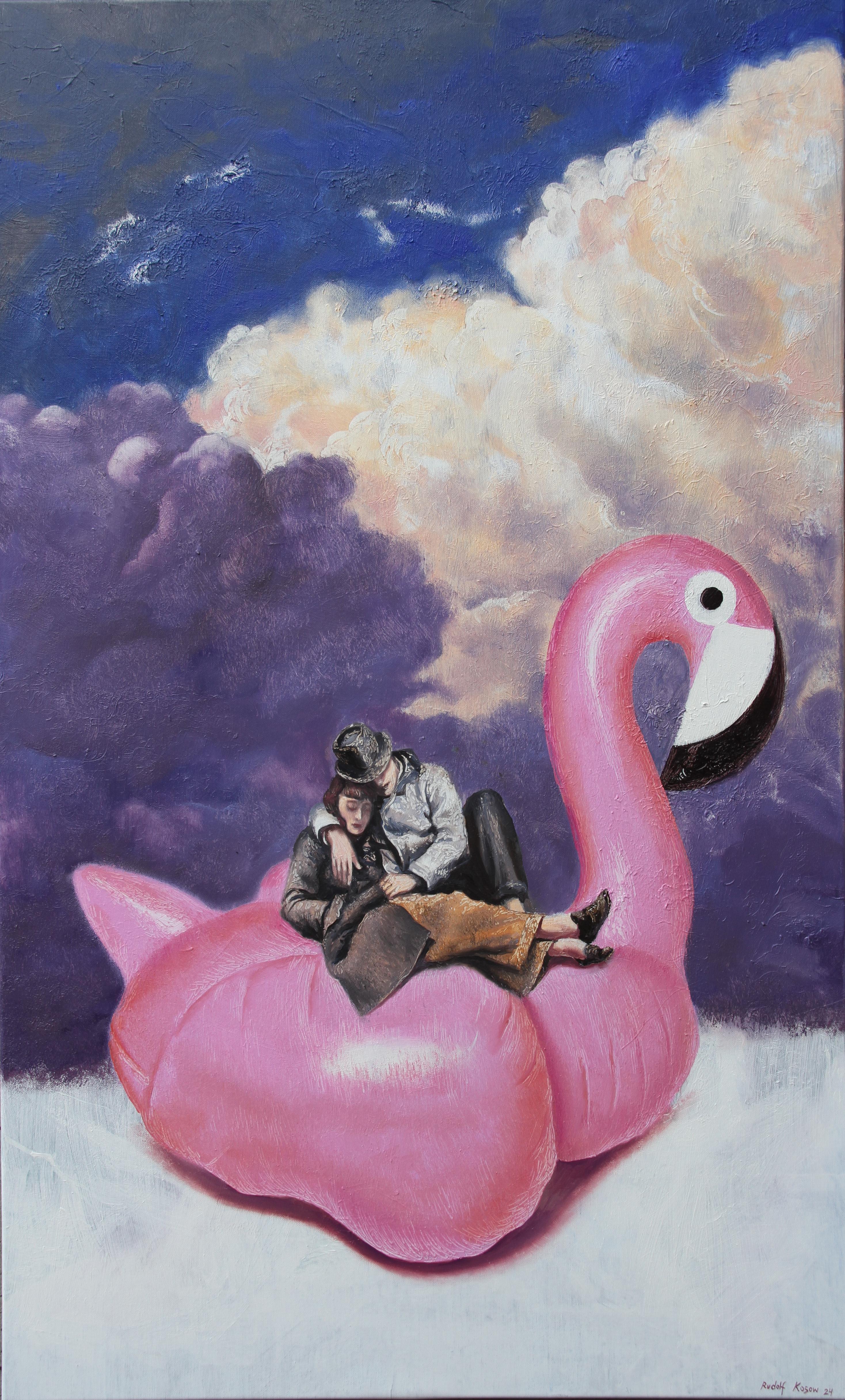 Figurative Painting di Rudolf Kosow - Voyage (coppia fenicottero rosa blu malva cielo americano quadro vintage surreale)