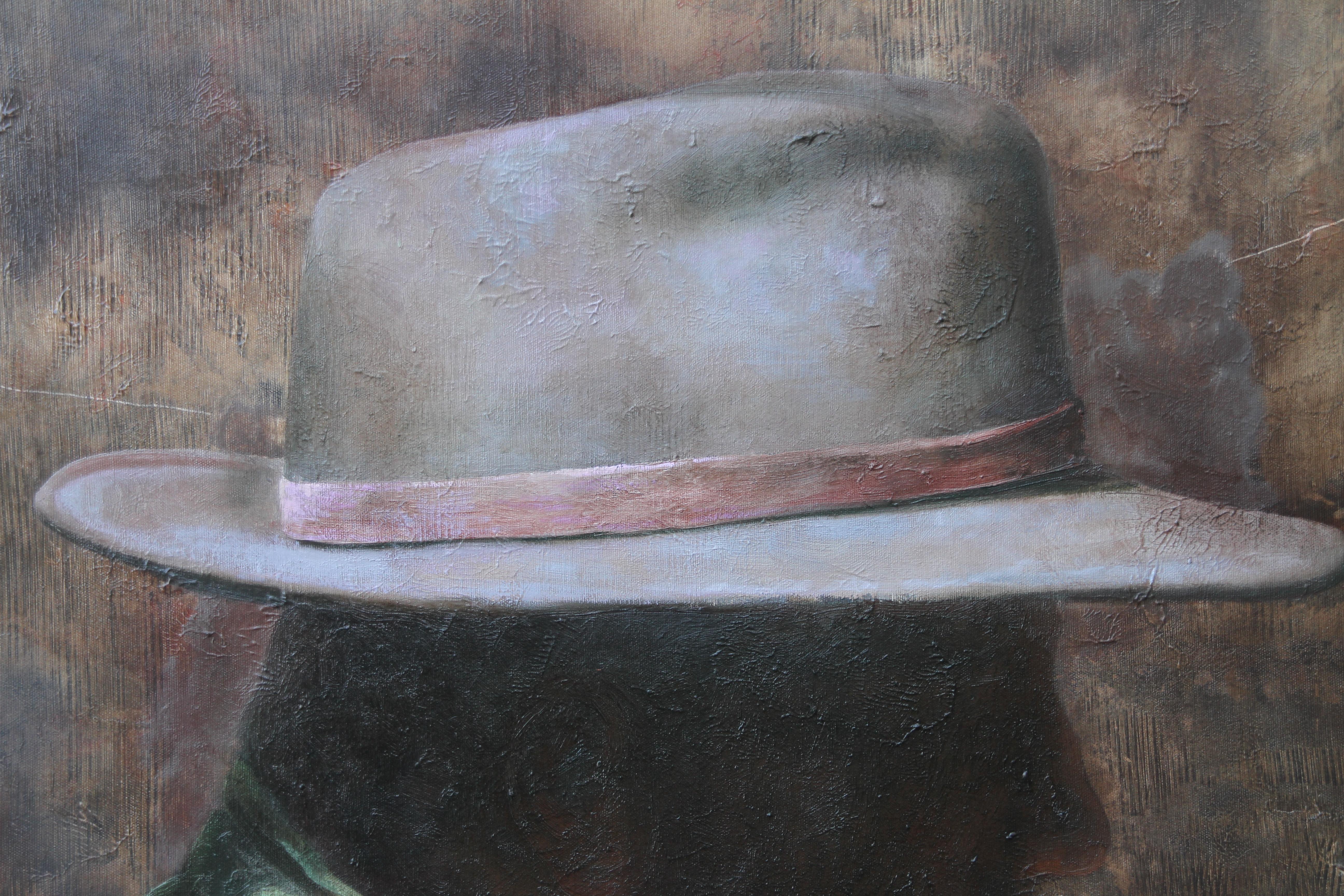 Wearing Hat (portrait, western, cowboy, oil painting, vintage, shadow, dark) - Painting by Rudolf Kosow