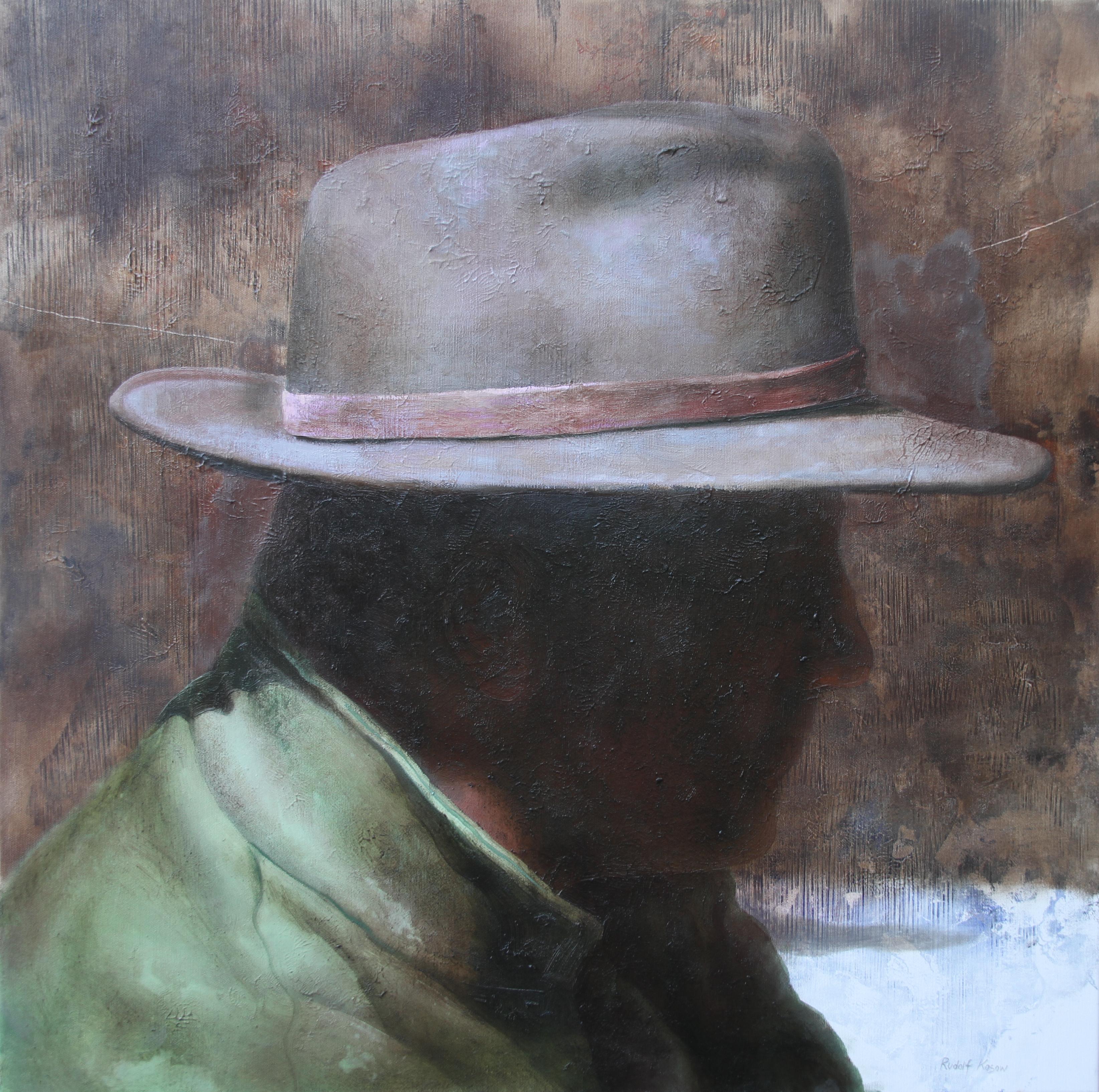 Rudolf Kosow Landscape Painting - Wearing Hat (portrait, western, cowboy, oil painting, vintage, shadow, dark)
