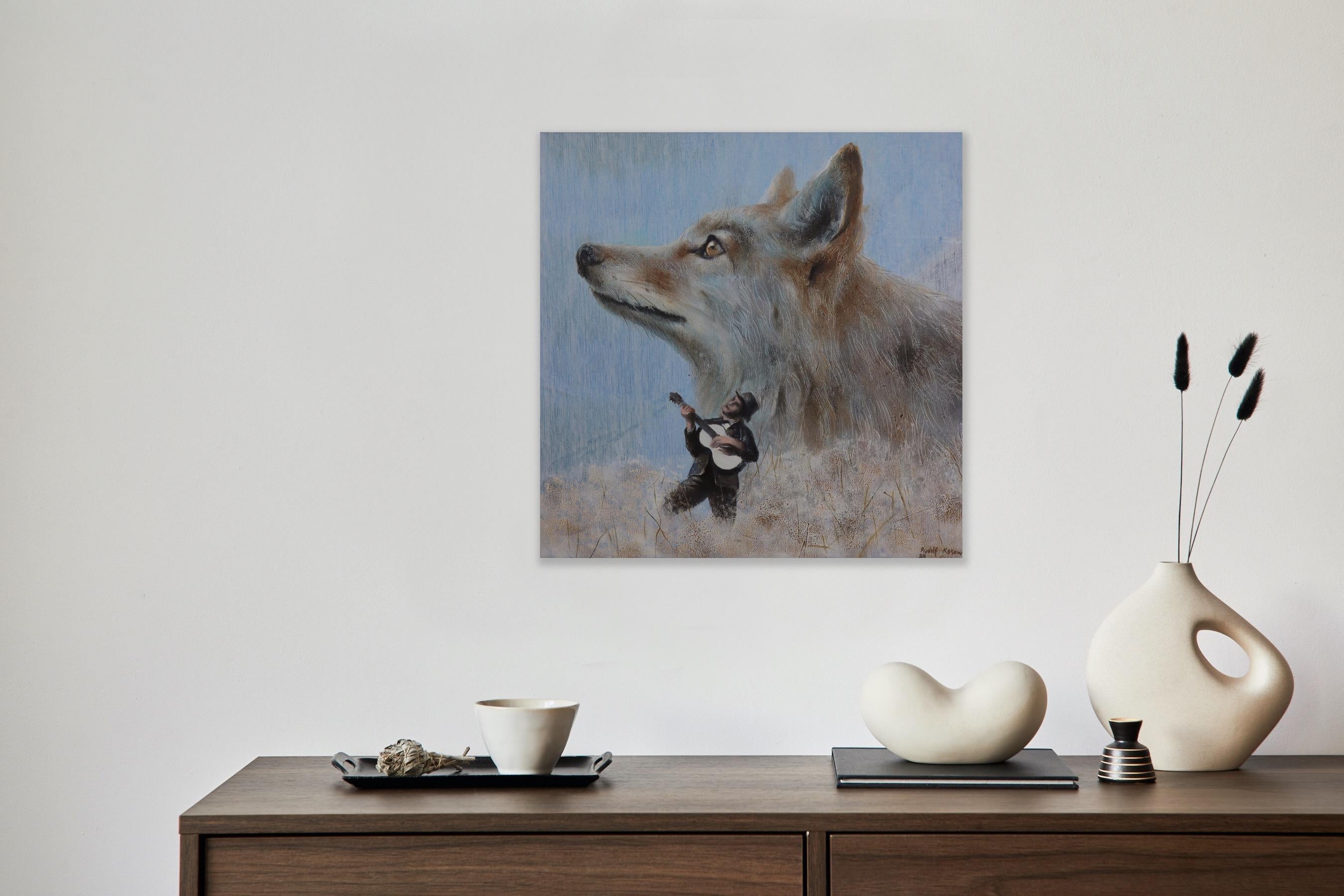 Wonderers (coyote, ukulele, man, nature, animal portrait, surrealist painting) For Sale 3