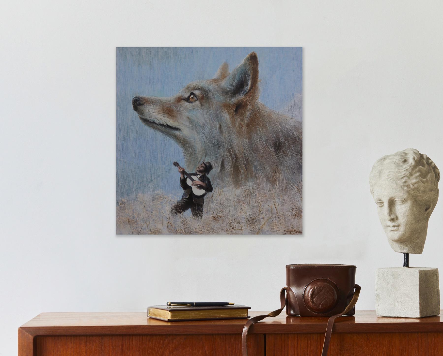 Wonderers (coyote, ukulele, man, nature, animal portrait, surrealist painting) For Sale 7