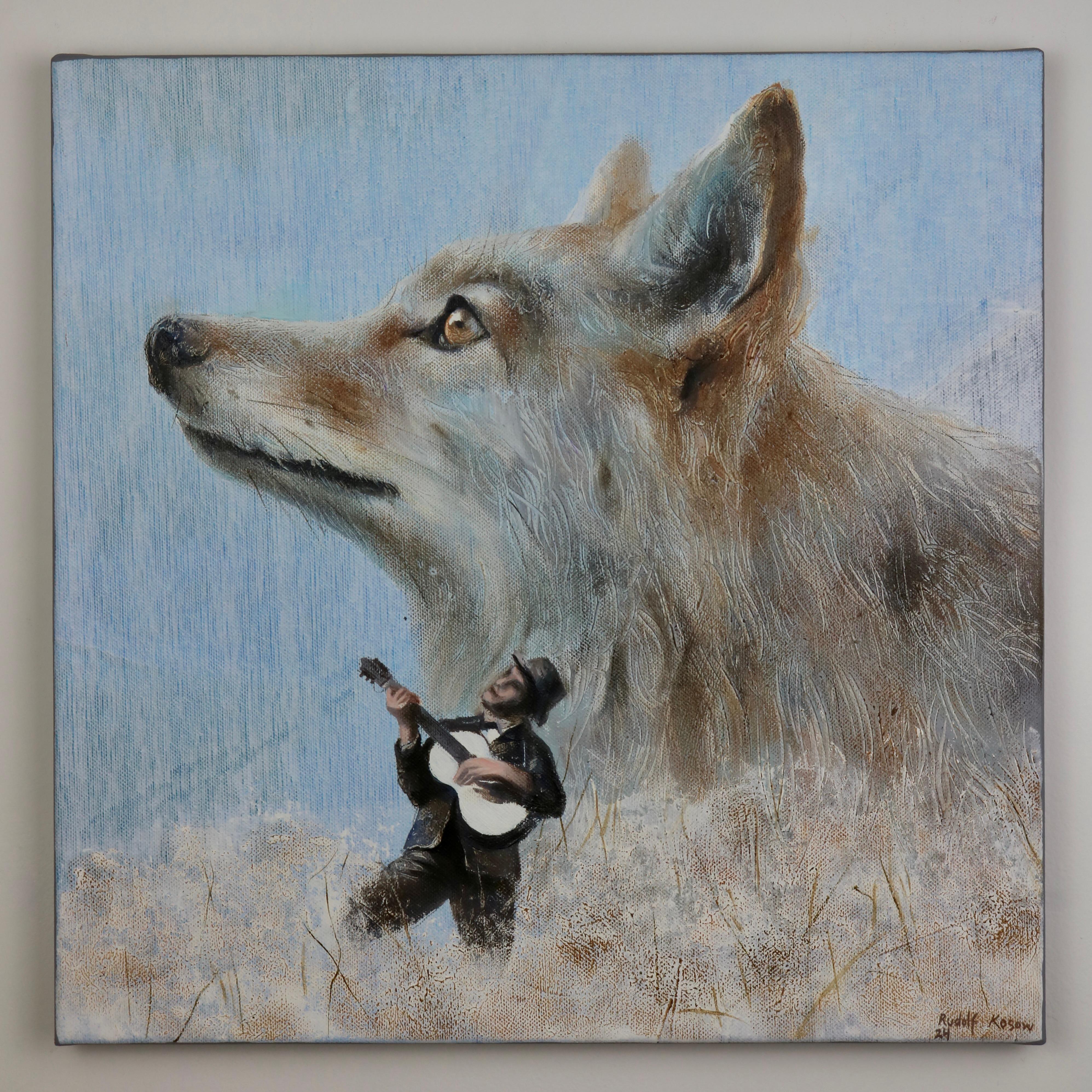 Wonderers (coyote, ukulele, man, nature, animal portrait, surrealist painting) - Surrealist Painting by Rudolf Kosow