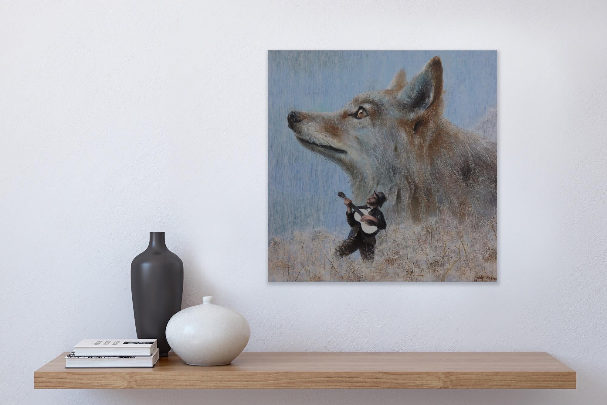 Wonderers (coyote, ukulele, man, nature, animal portrait, surrealist painting) For Sale 1