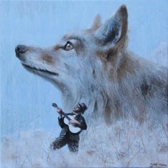 Wonderers (coyote, ukulélé, homme, nature, portrait animalier, peinture surréaliste)