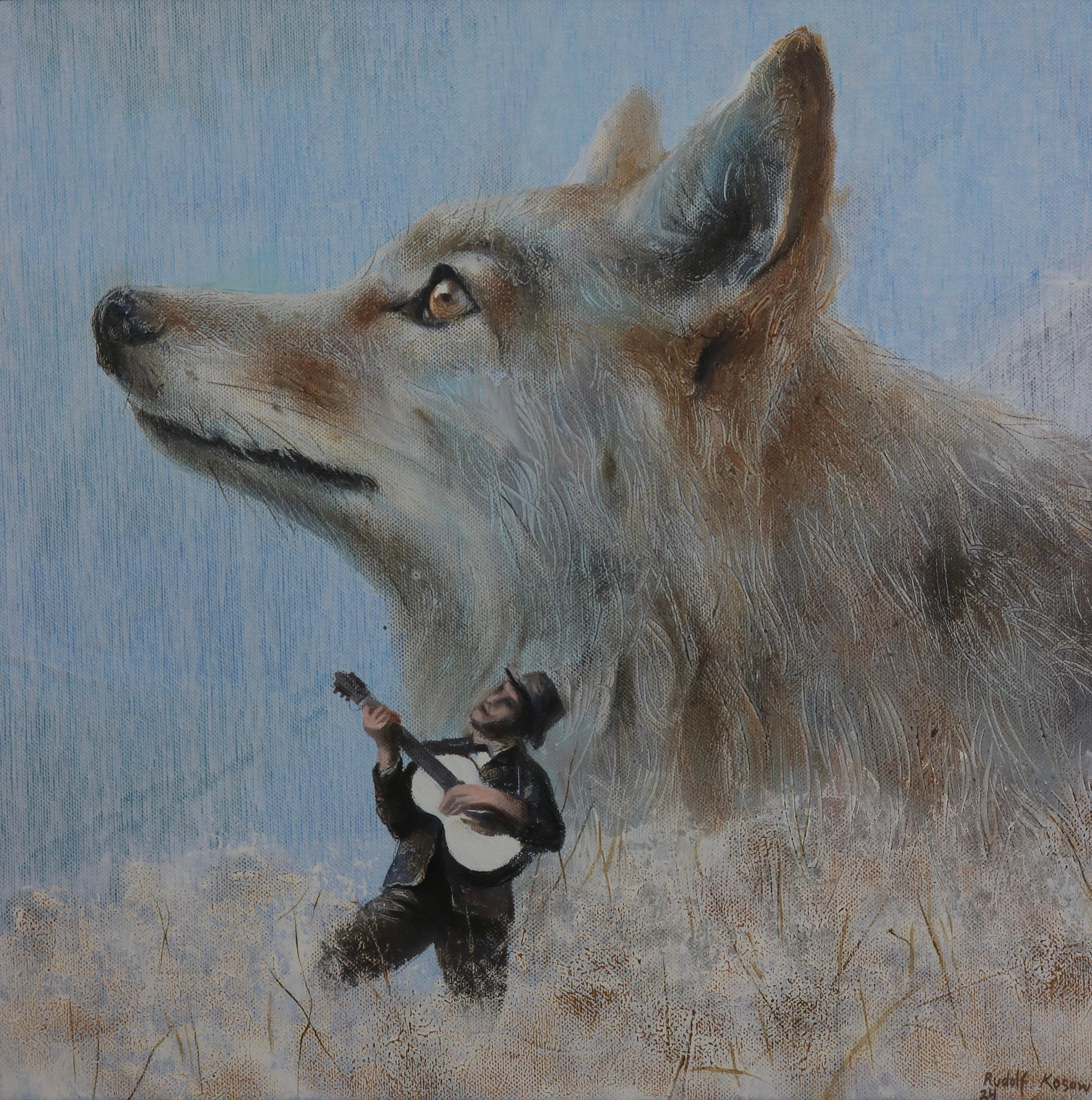 Rudolf Kosow Animal Painting - Wonderers (coyote, ukulele, man, nature, animal portrait, surrealist painting)