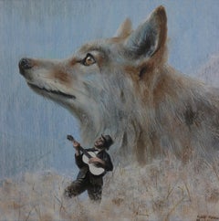 Wonderers (coyote, ukulele, man, nature, animal portrait, surrealist painting)