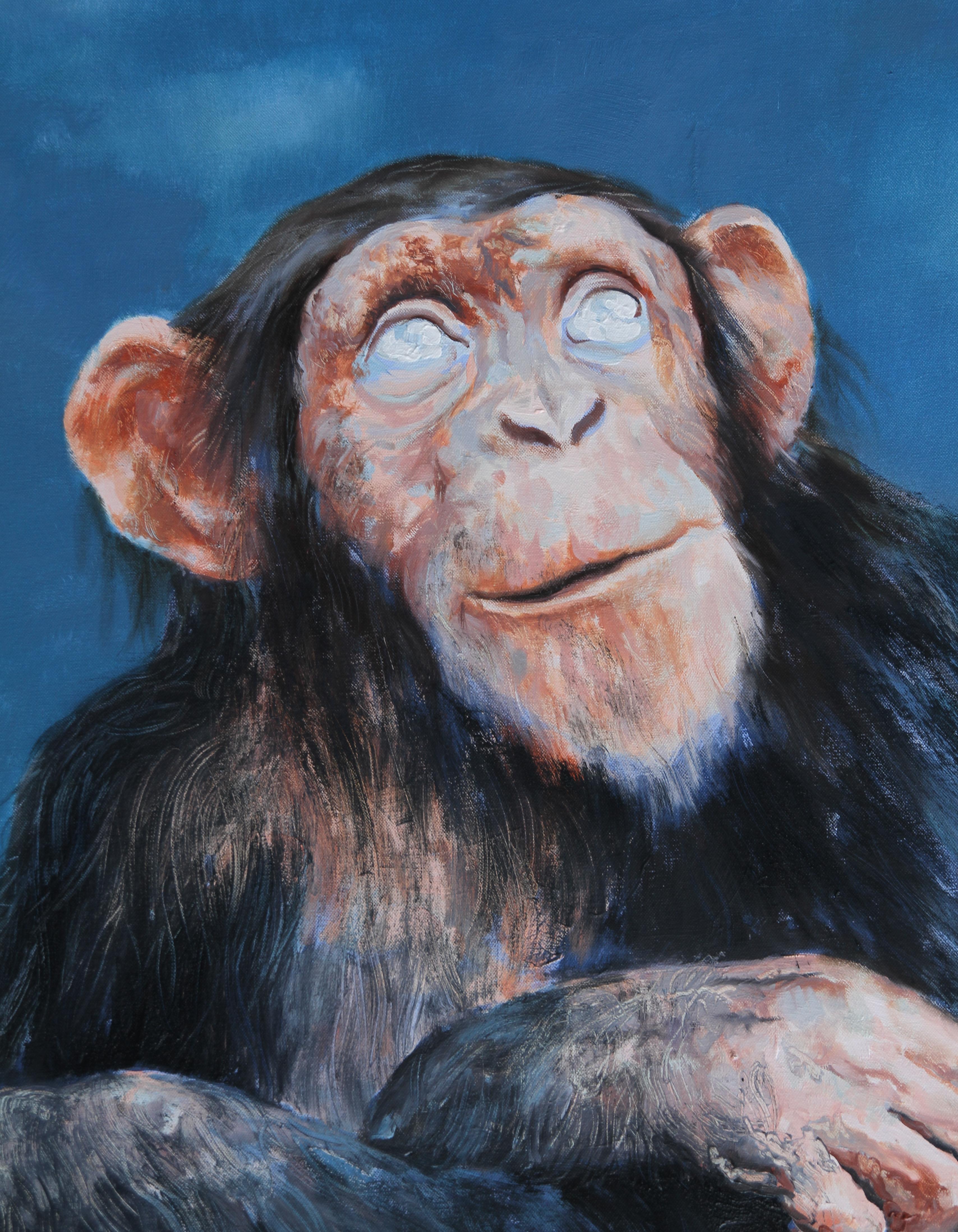 Posto sbagliato, momento sbagliato  (pittura surreale scimmia iceberg scala animale scimpanzé - Painting Surrealismo di Rudolf Kosow