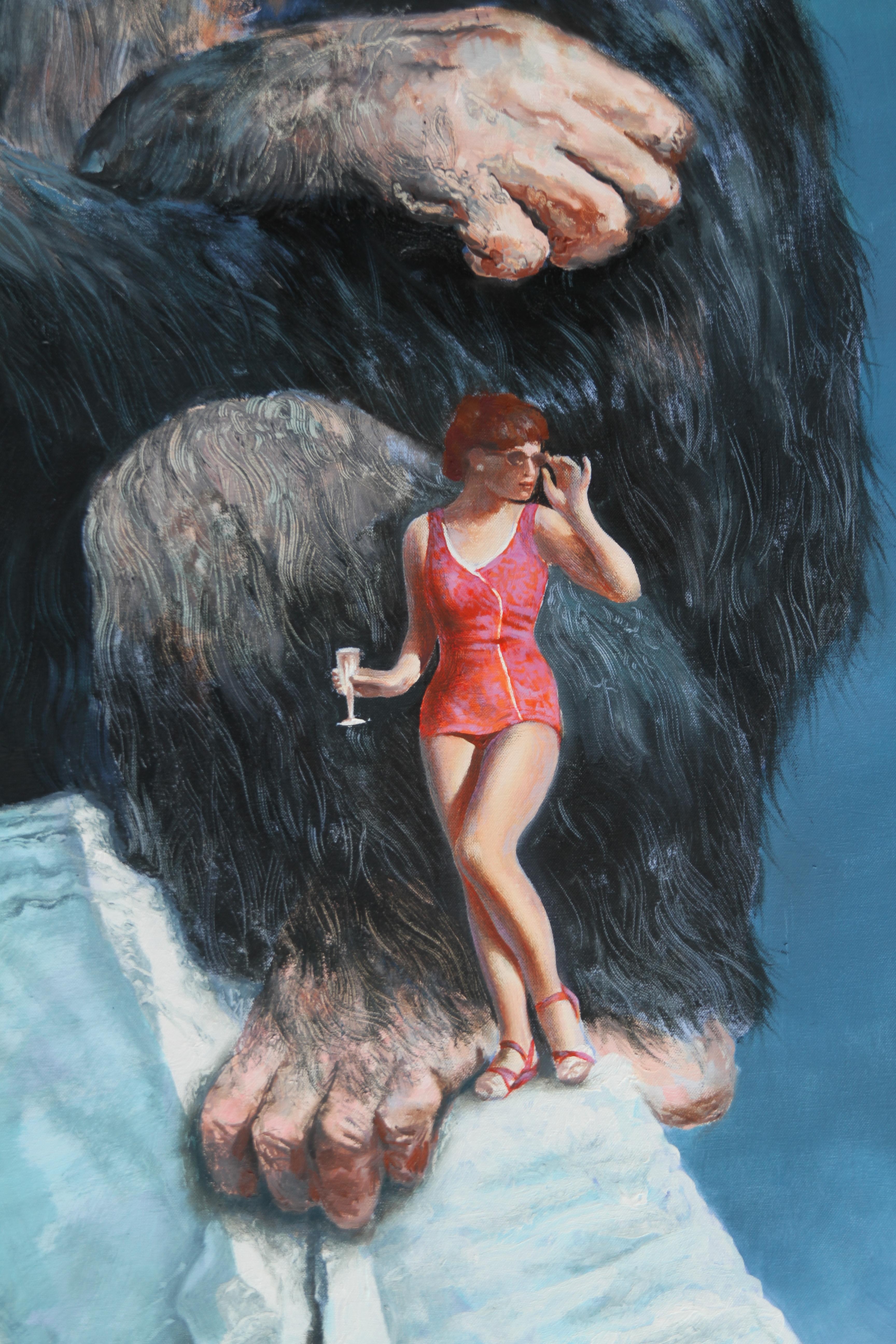 Posto sbagliato, momento sbagliato  (pittura surreale scimmia iceberg scala animale scimpanzé - Figurative Painting Blu di Rudolf Kosow