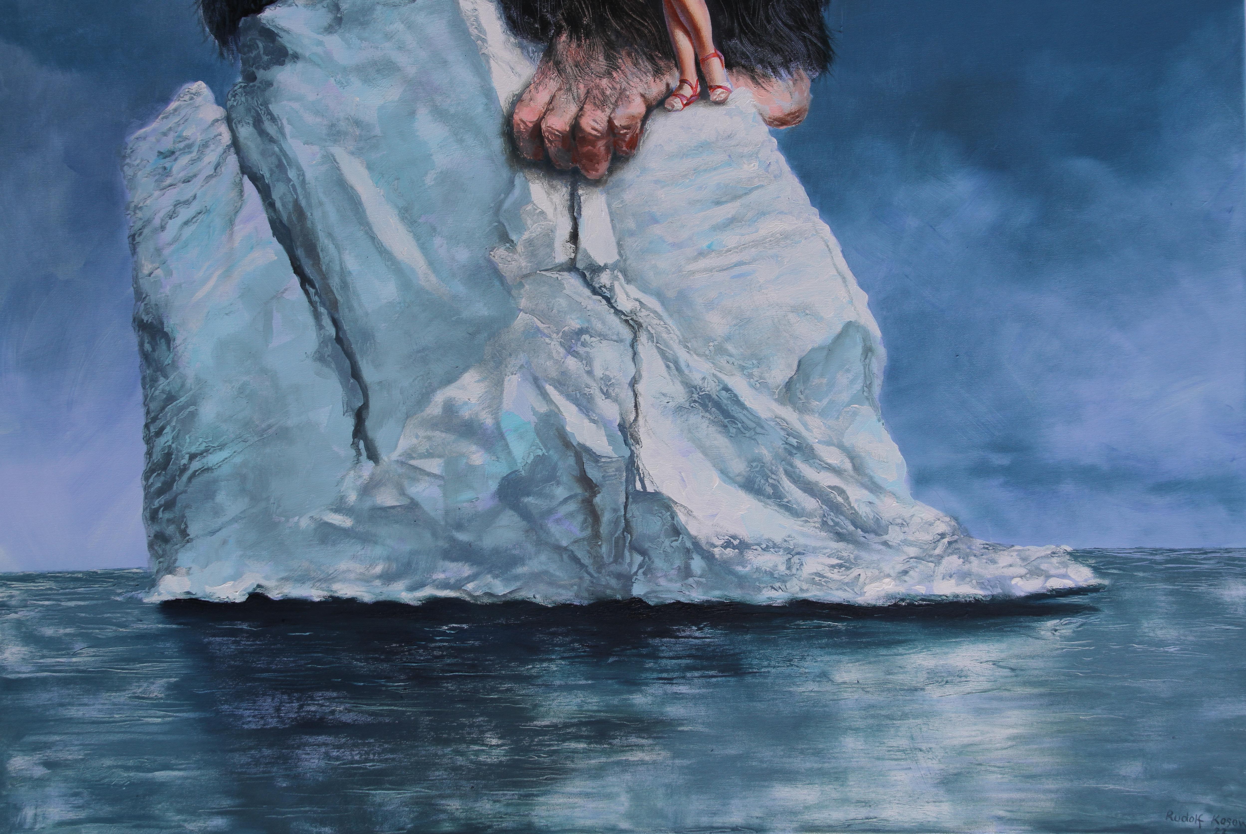 Wrong Place, Wrong Time di Rudolf Kosow è un'inquietante composizione surrealista che giustappone elementi disparati per creare una scena inquietante ma ipnotica. Uno scimpanzé colossale, con lo sguardo inquietantemente vuoto, incombe su una donna