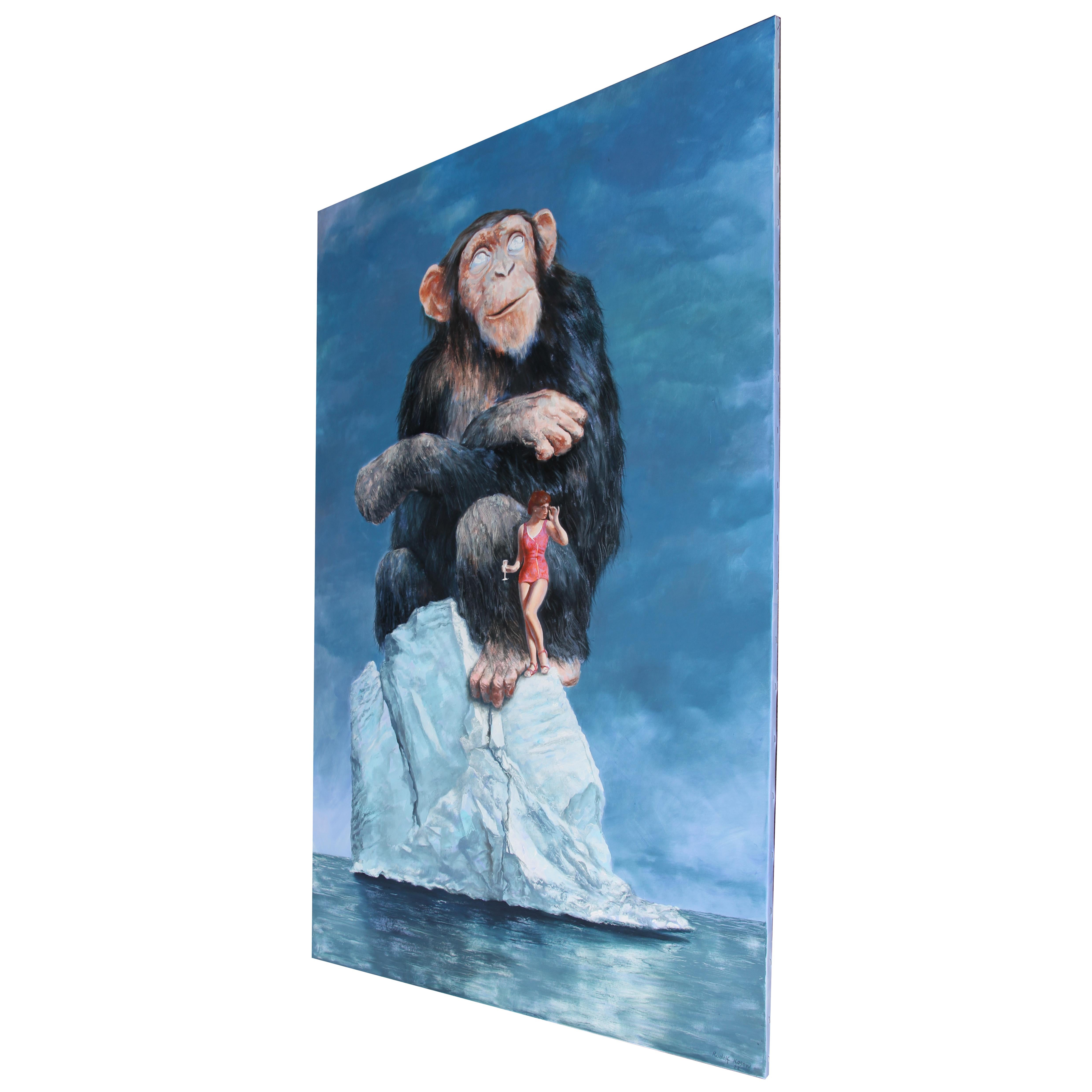 Posto sbagliato, momento sbagliato  (pittura surreale scimmia iceberg scala animale scimpanzé in vendita 1