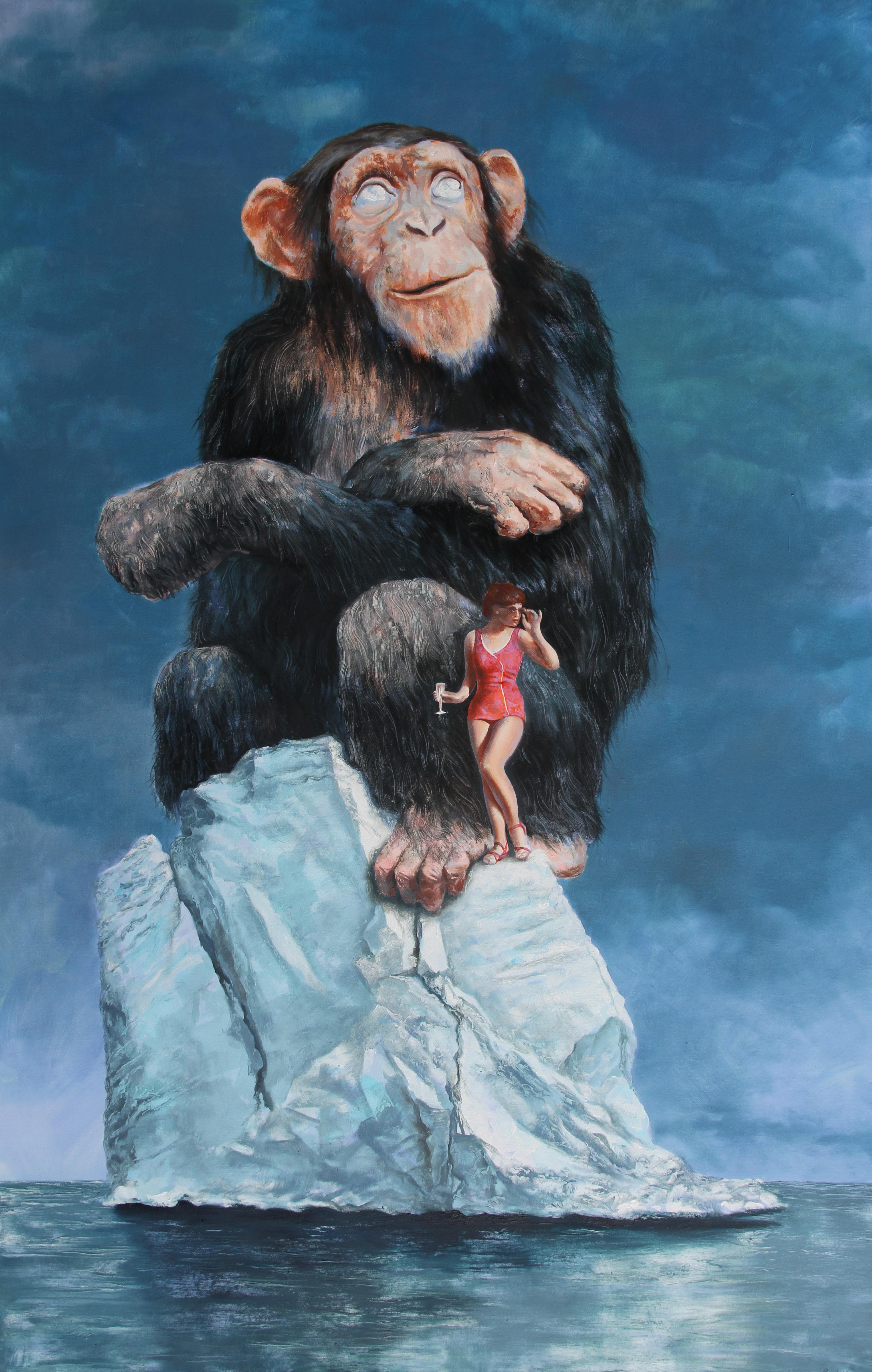 Mauvais endroit, mauvais moment  (peinture surréaliste d'un chimpanzee animal en forme de singe iceberg