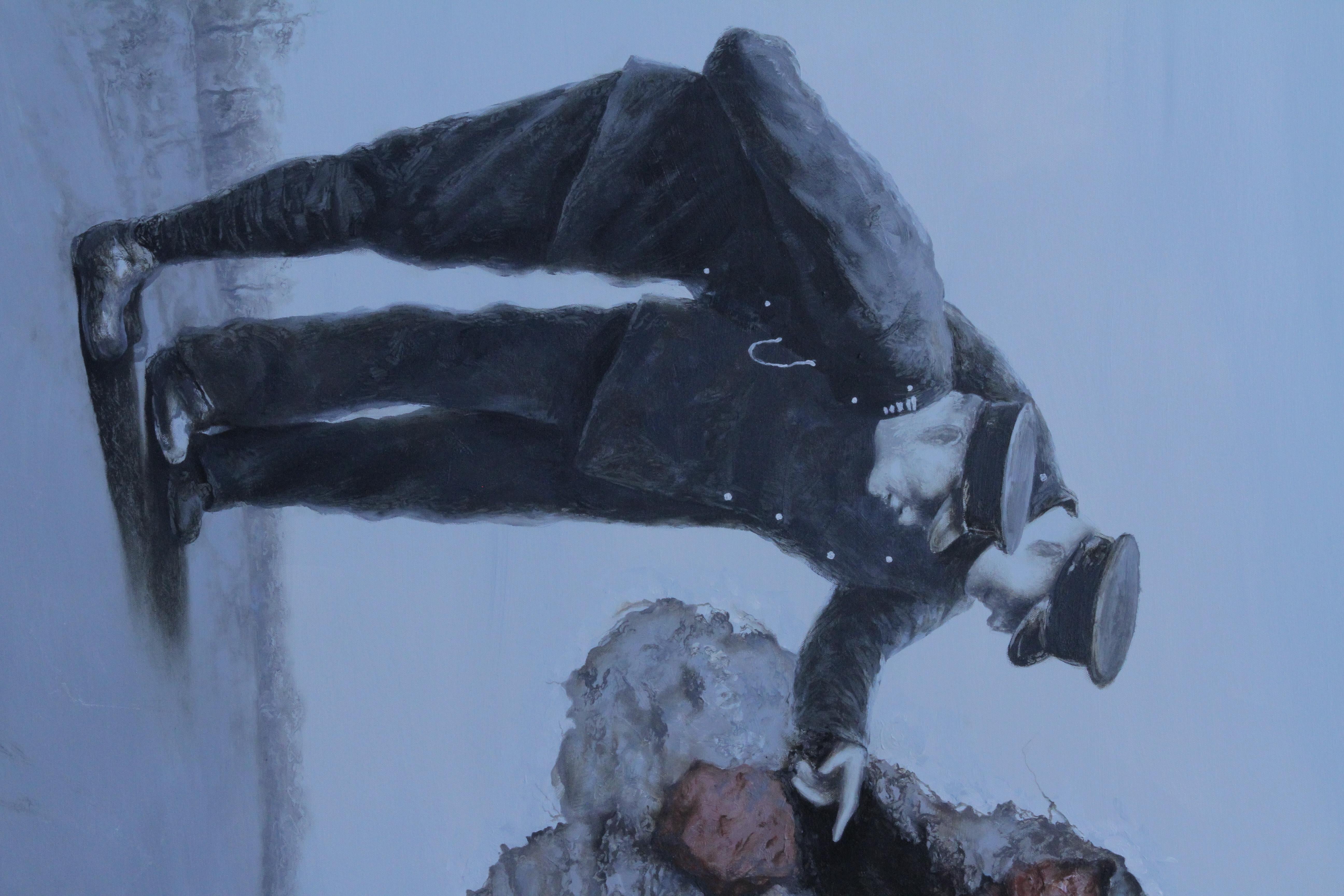Ja, direkt hier Bob (surreales Gemälde, blau-graues Vintage-offiziere, Polizisten beim Verbrechen) (Blau), Figurative Painting, von Rudolf Kosow