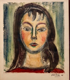 Czech Modernist Monotype Oil Painting Portrait of a Girl