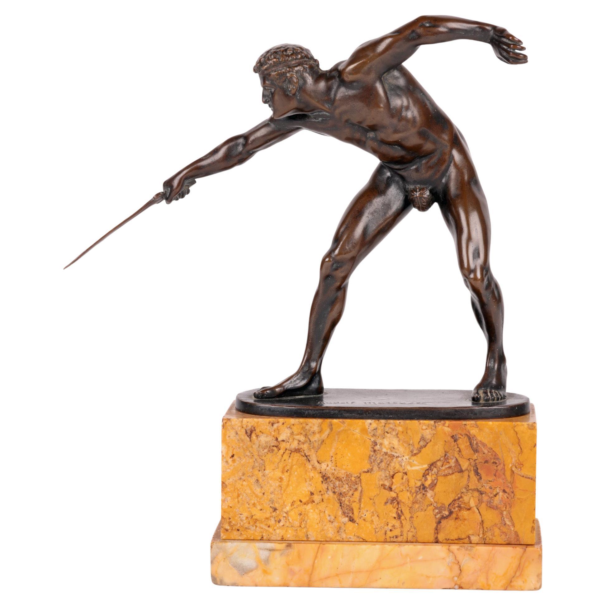 Rudolf Marcuse German Bronze Gladiator Figure on Marble Stand