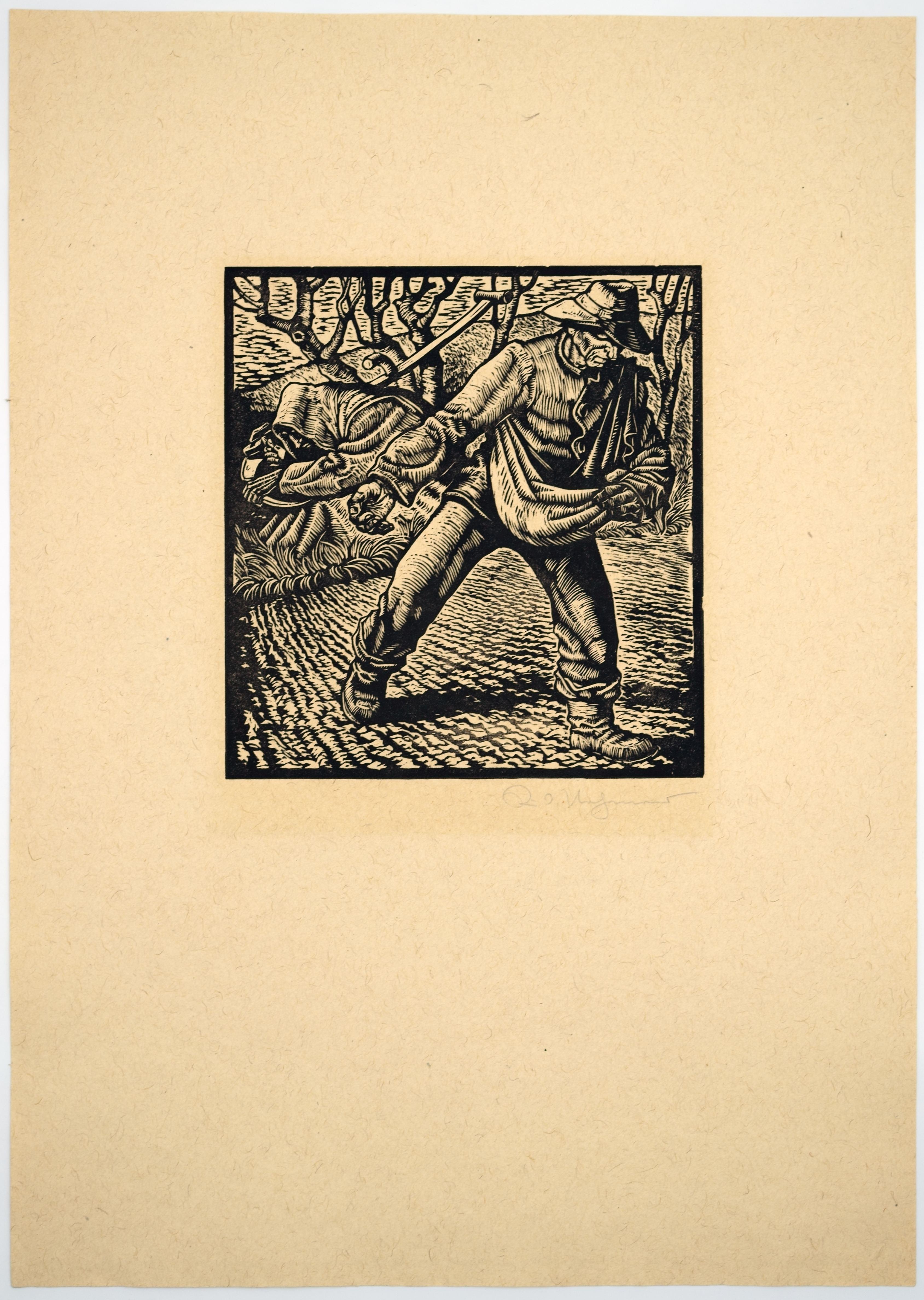 The Fieldman and Death / - Sowing and Harvest - - Realist Print by Rudolf Nehmer