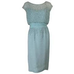 Rudolf Pale Aqua Bead and Crystal Plunge-Back Blouson Cocktail Dress - M, 1950s