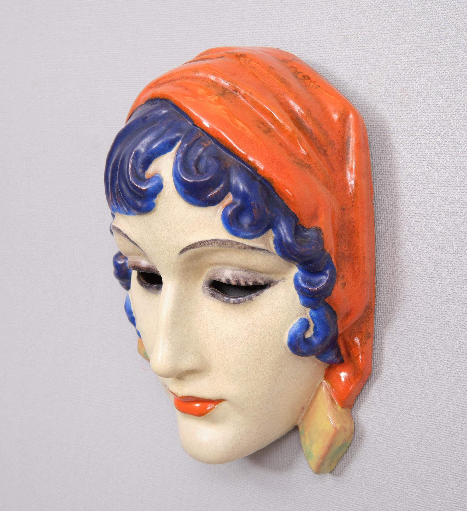 Rudolf Podany for Keramos - polychrome Art Deco  wall mask In Good Condition In Den Haag, NL