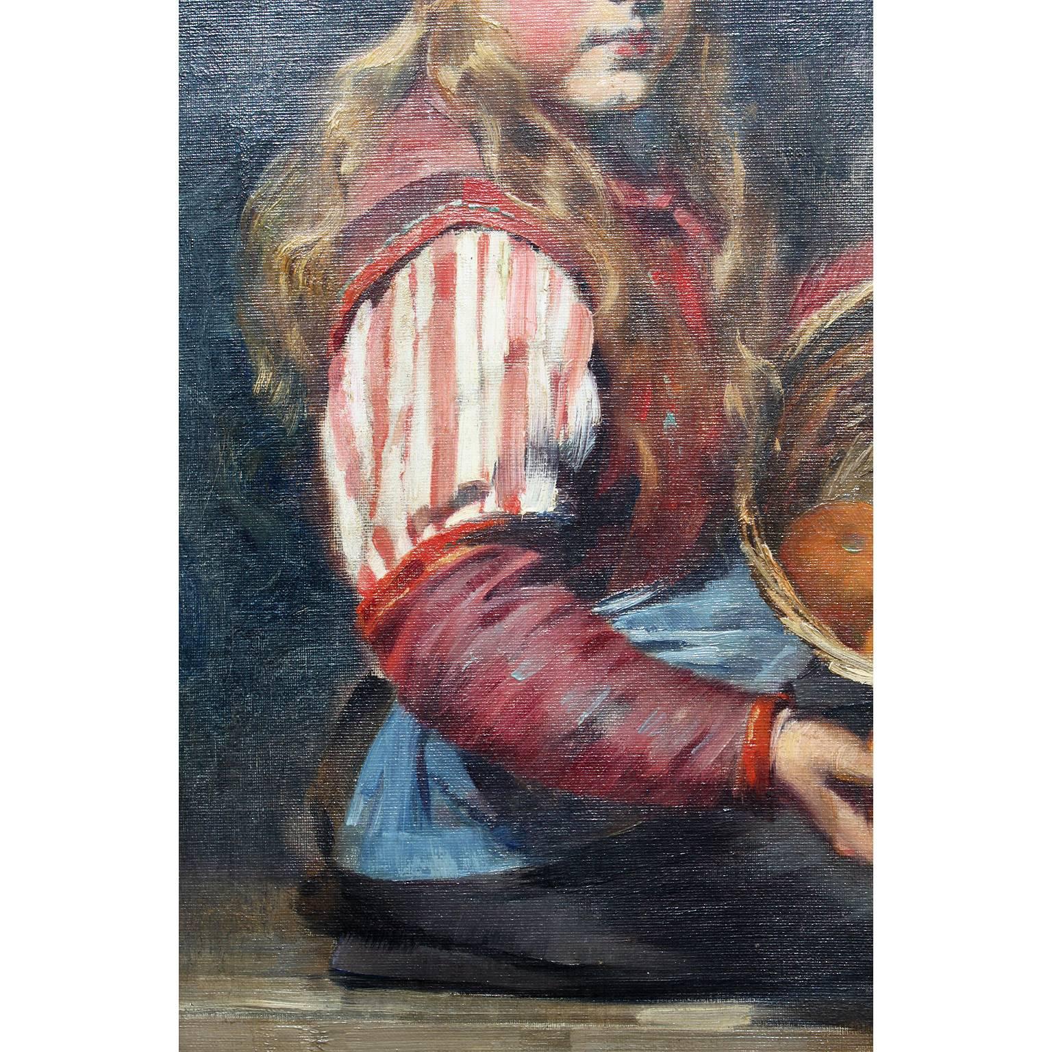 German Rudolf Possin 19th Century Oil on Canvas Girl Selling Oranges