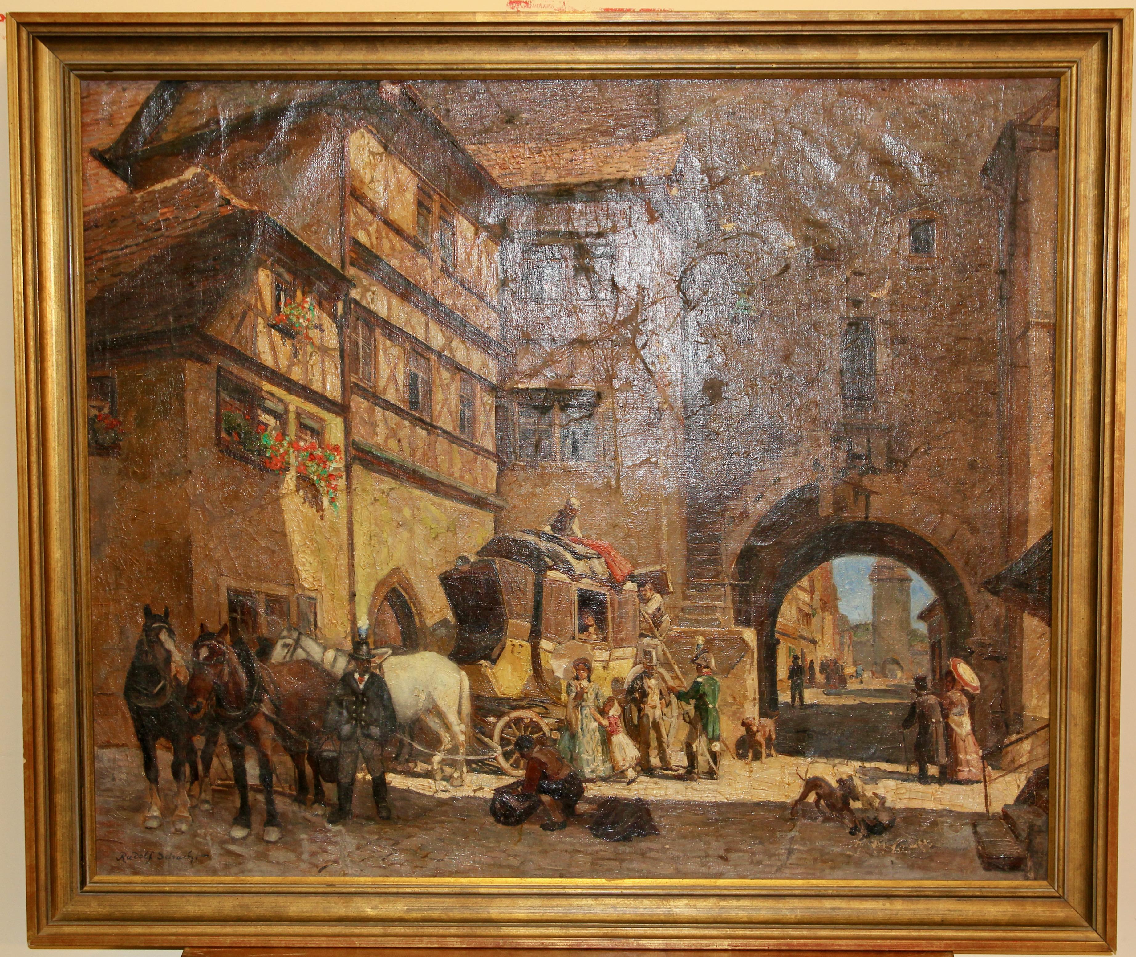 Rudolf Schacht, Ölgemälde, lebendige Old Town-Szene mit Kutschen und Pferden. im Angebot 1