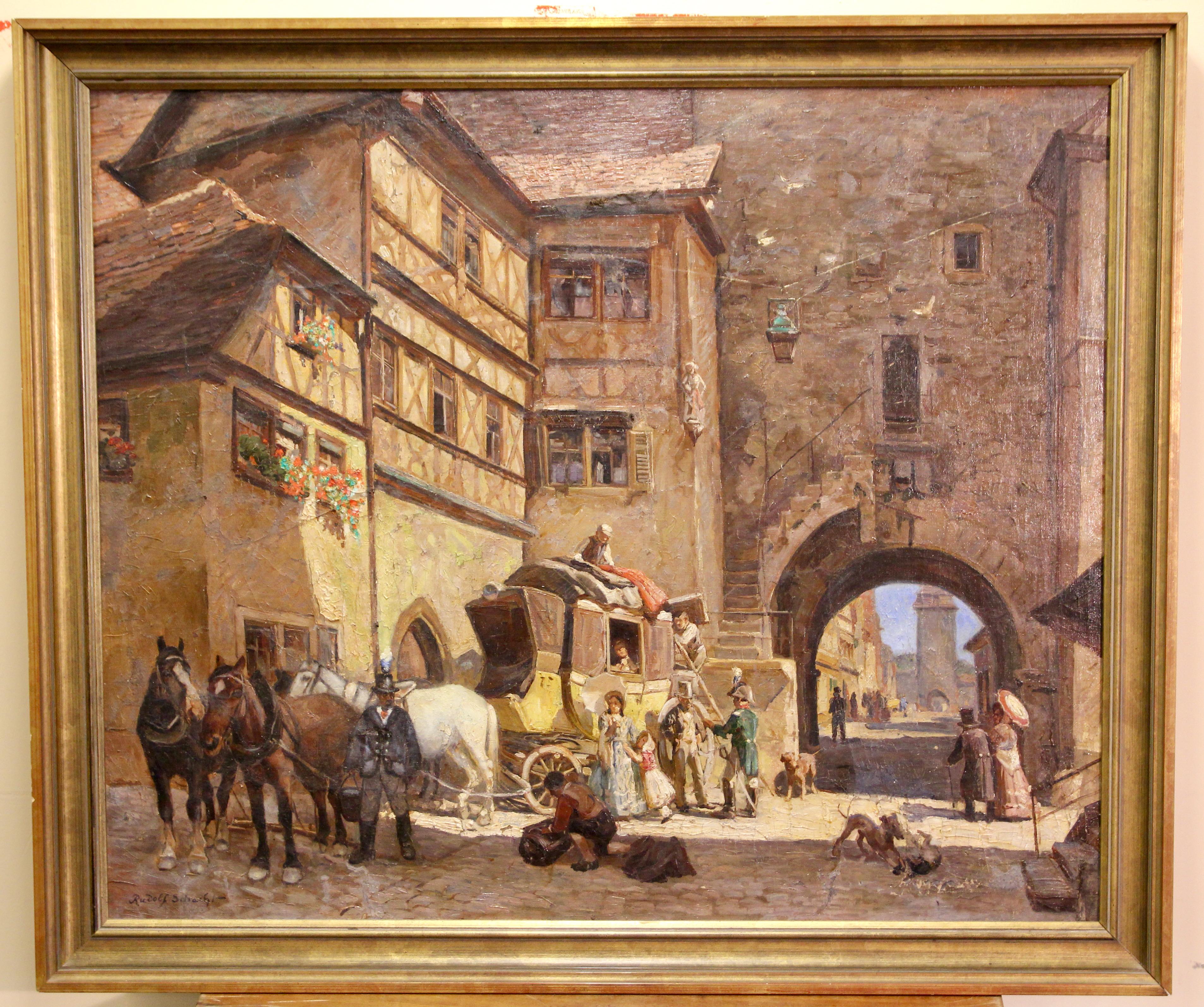 Rudolf Schacht, Peinture à l'huile de Rudolf Schacht, Scène vivante de vieille ville avec char et chevaux. en vente 2