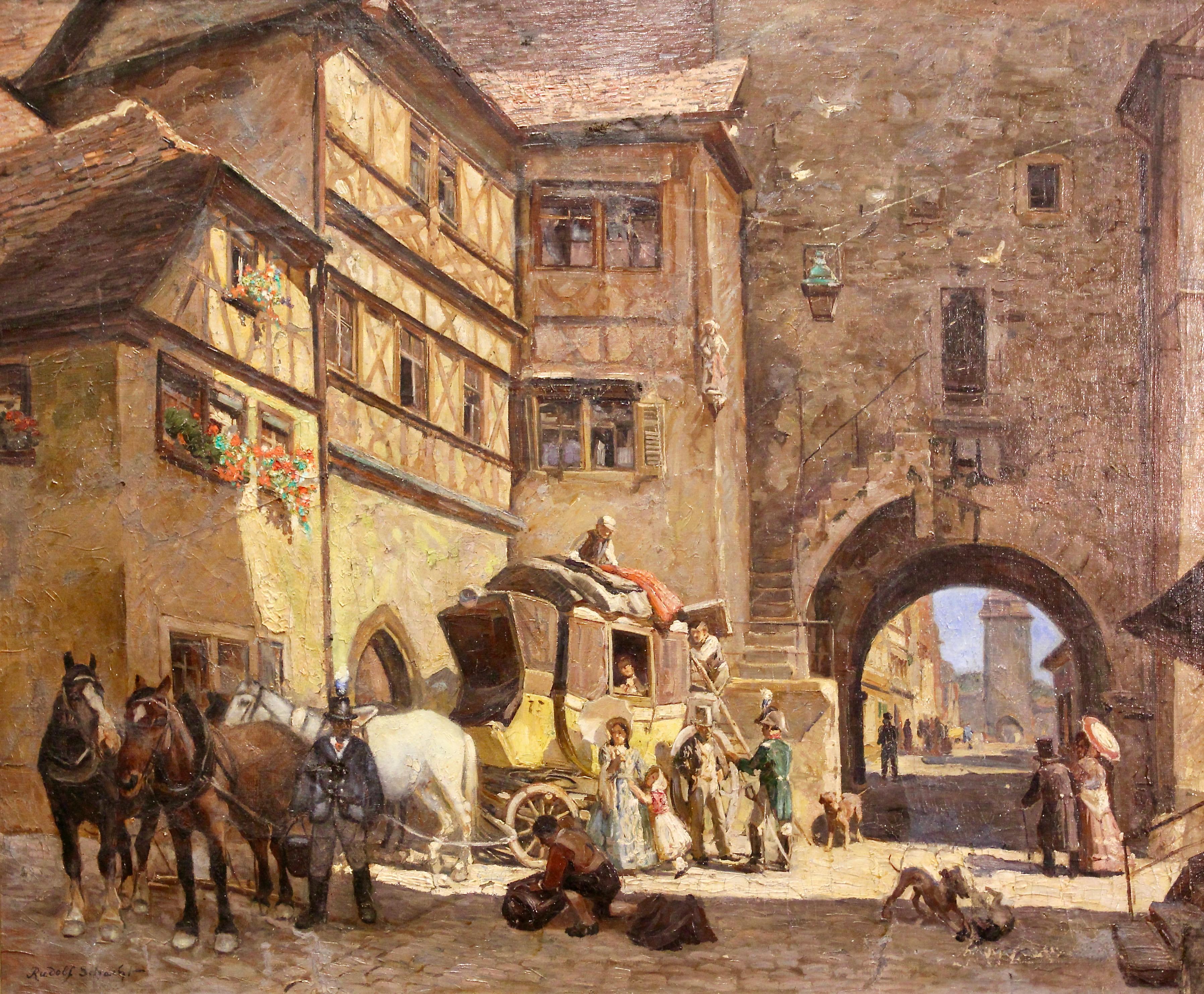 Rudolf Schacht, Peinture à l'huile de Rudolf Schacht, Scène vivante de vieille ville avec char et chevaux. en vente 3