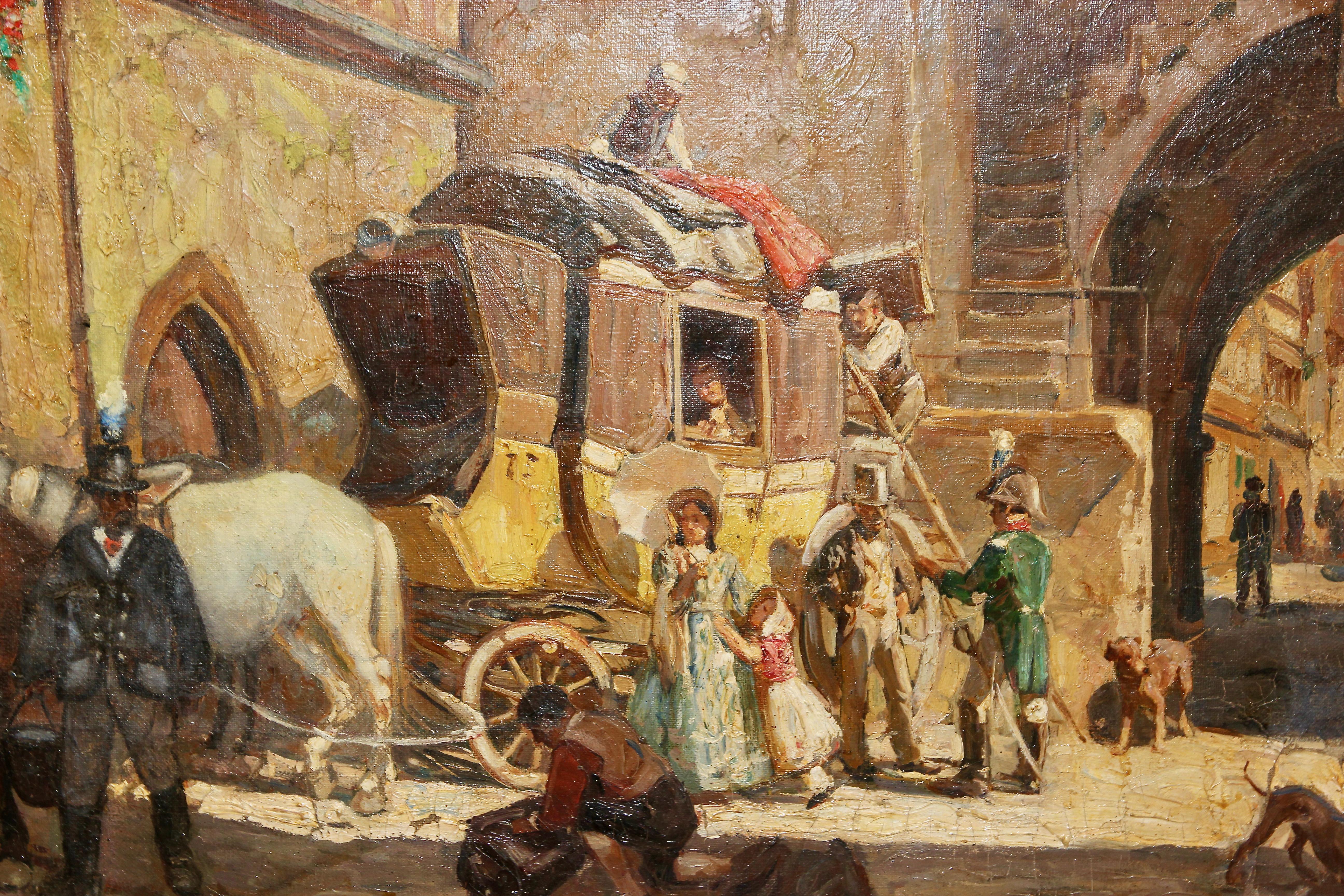Rudolf Schacht, Oil Painting, Lively Old Town Scene with Carriage and Horses. For Sale 1