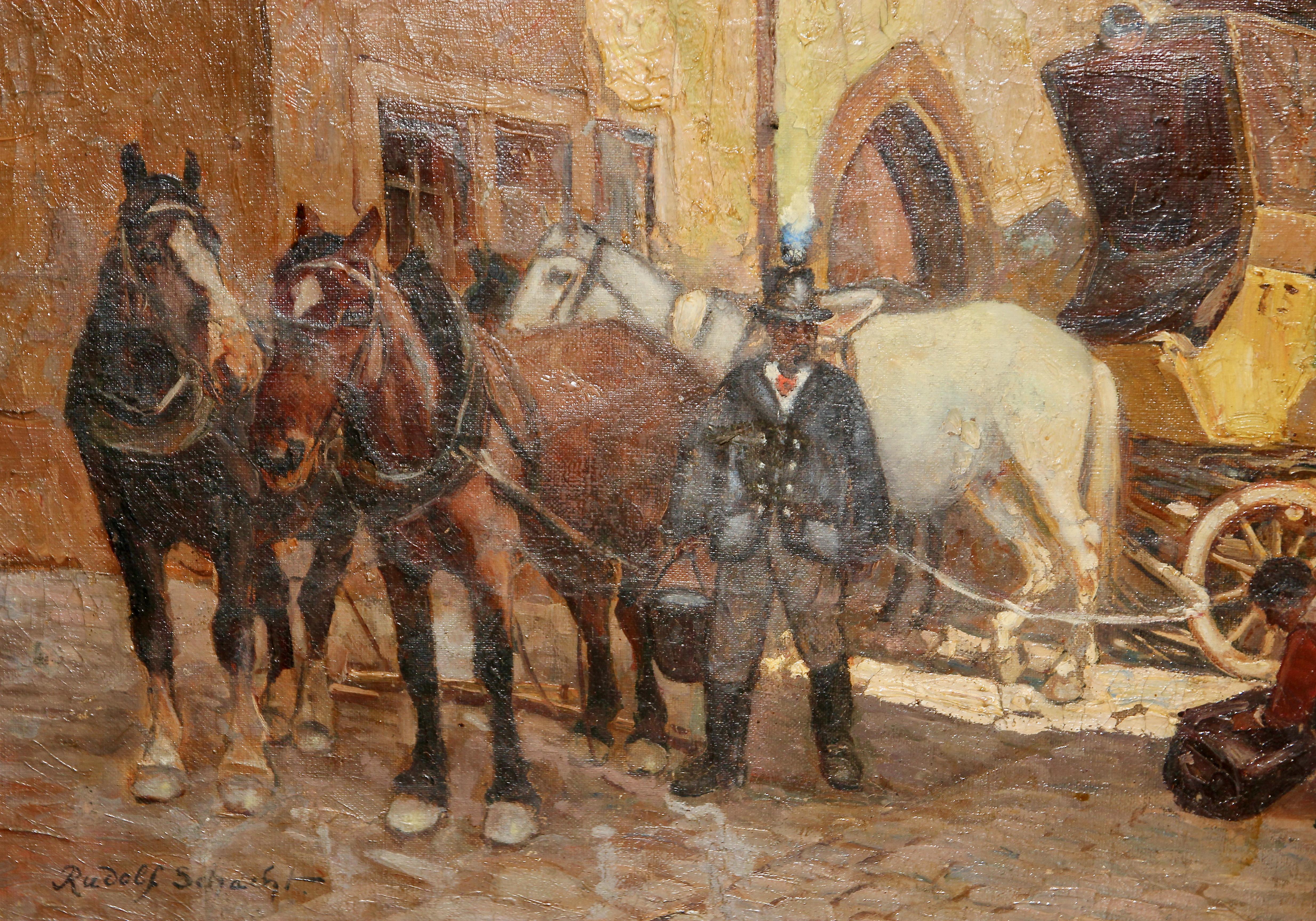 Rudolf Schacht, Peinture à l'huile de Rudolf Schacht, Scène vivante de vieille ville avec char et chevaux. en vente 5