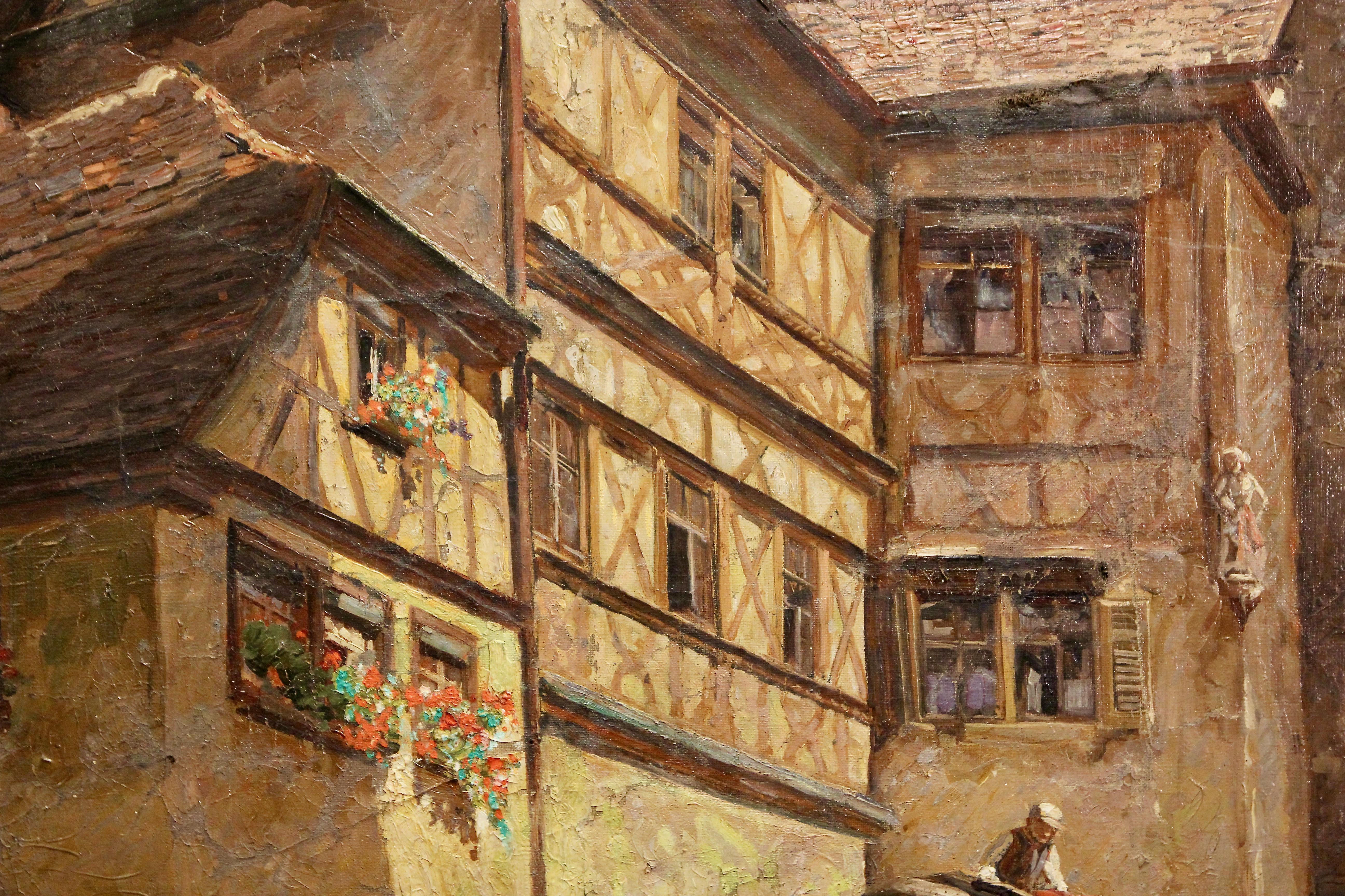 Rudolf Schacht, Ölgemälde, lebendige Old Town-Szene mit Kutschen und Pferden. im Angebot 7