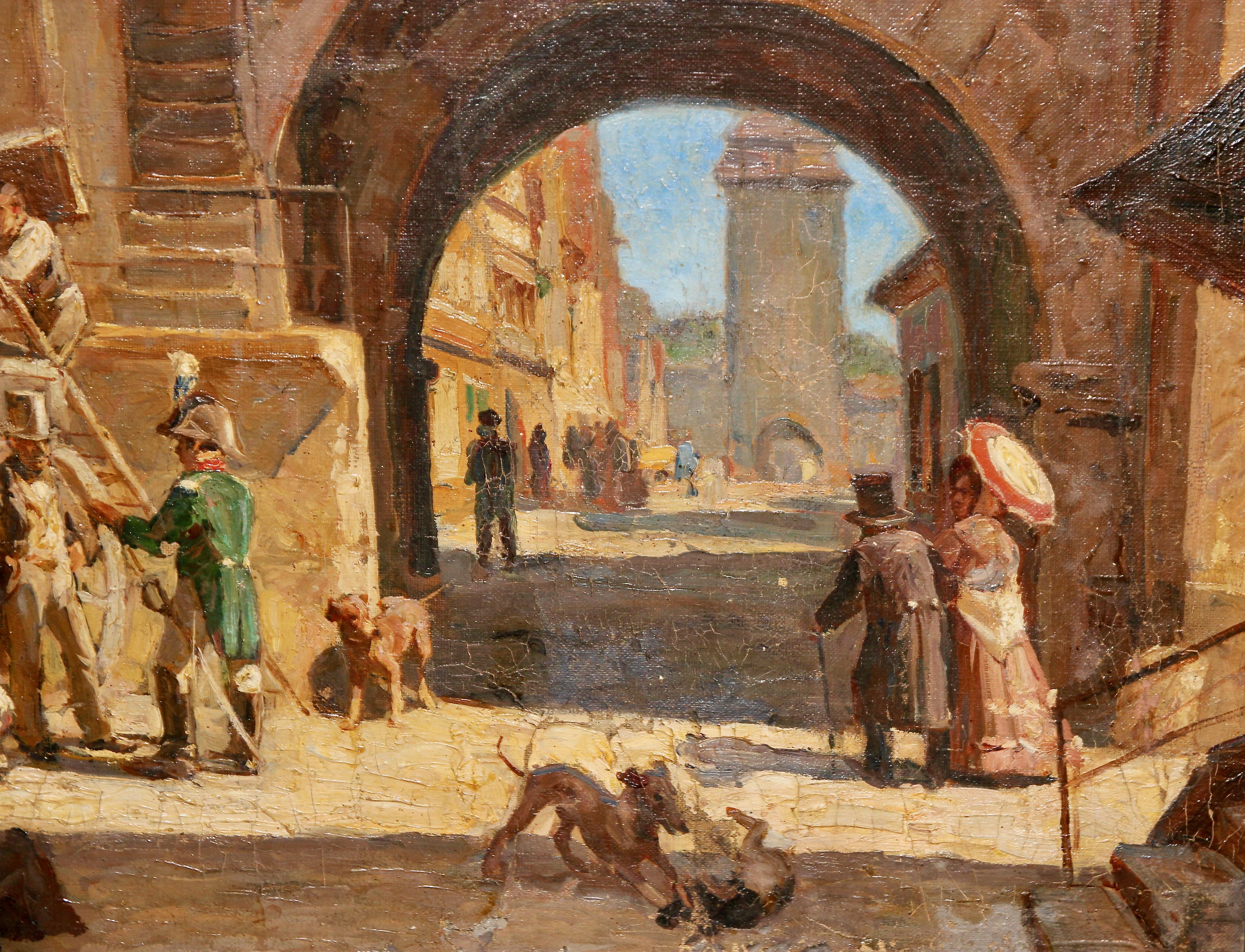 Rudolf Schacht, Peinture à l'huile de Rudolf Schacht, Scène vivante de vieille ville avec char et chevaux. en vente 8