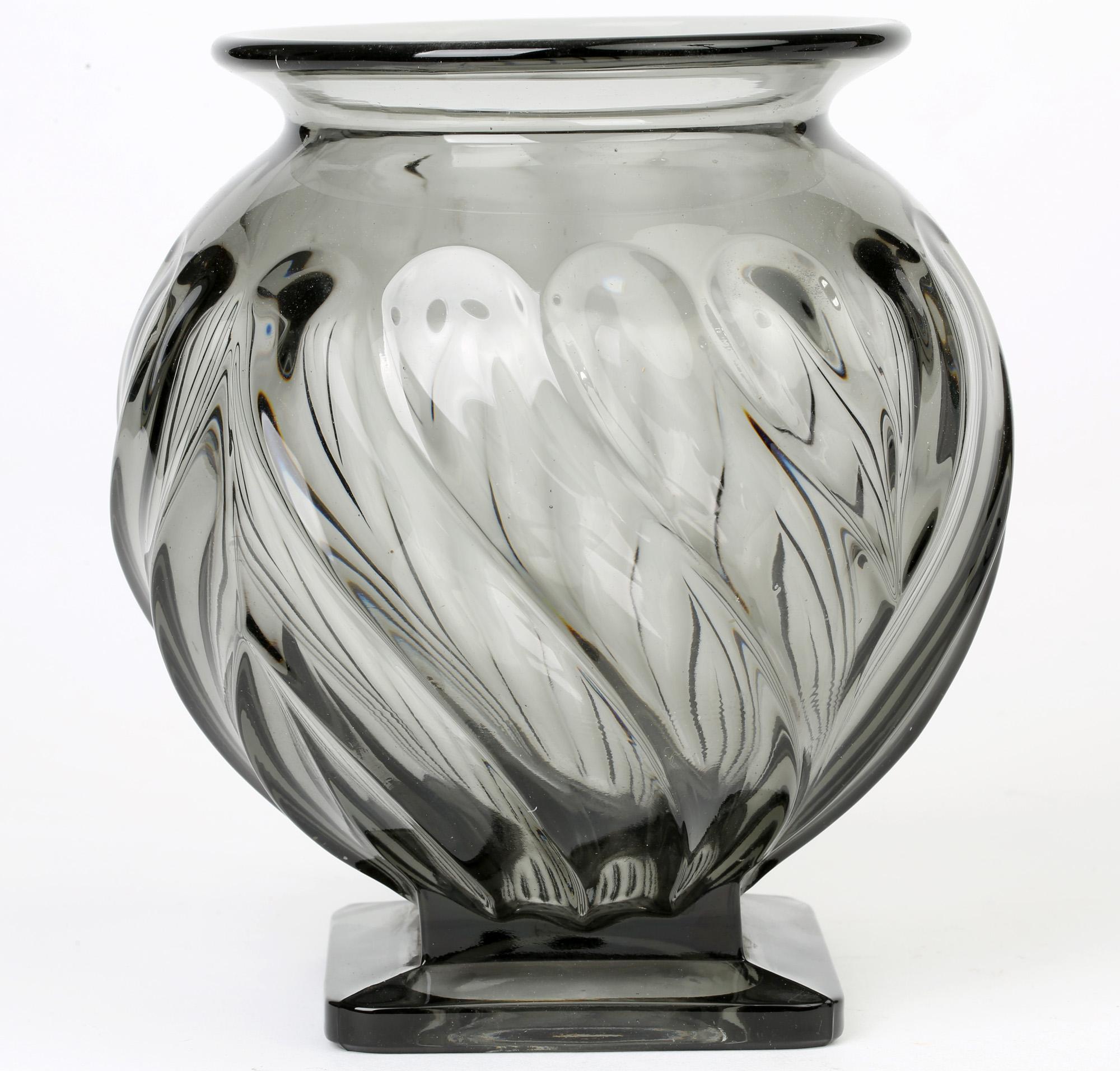 Mid-20th Century Rudolf Schrötter for Inwald Art Deco Grey Green Moulure Moderne Art Glass Vase For Sale