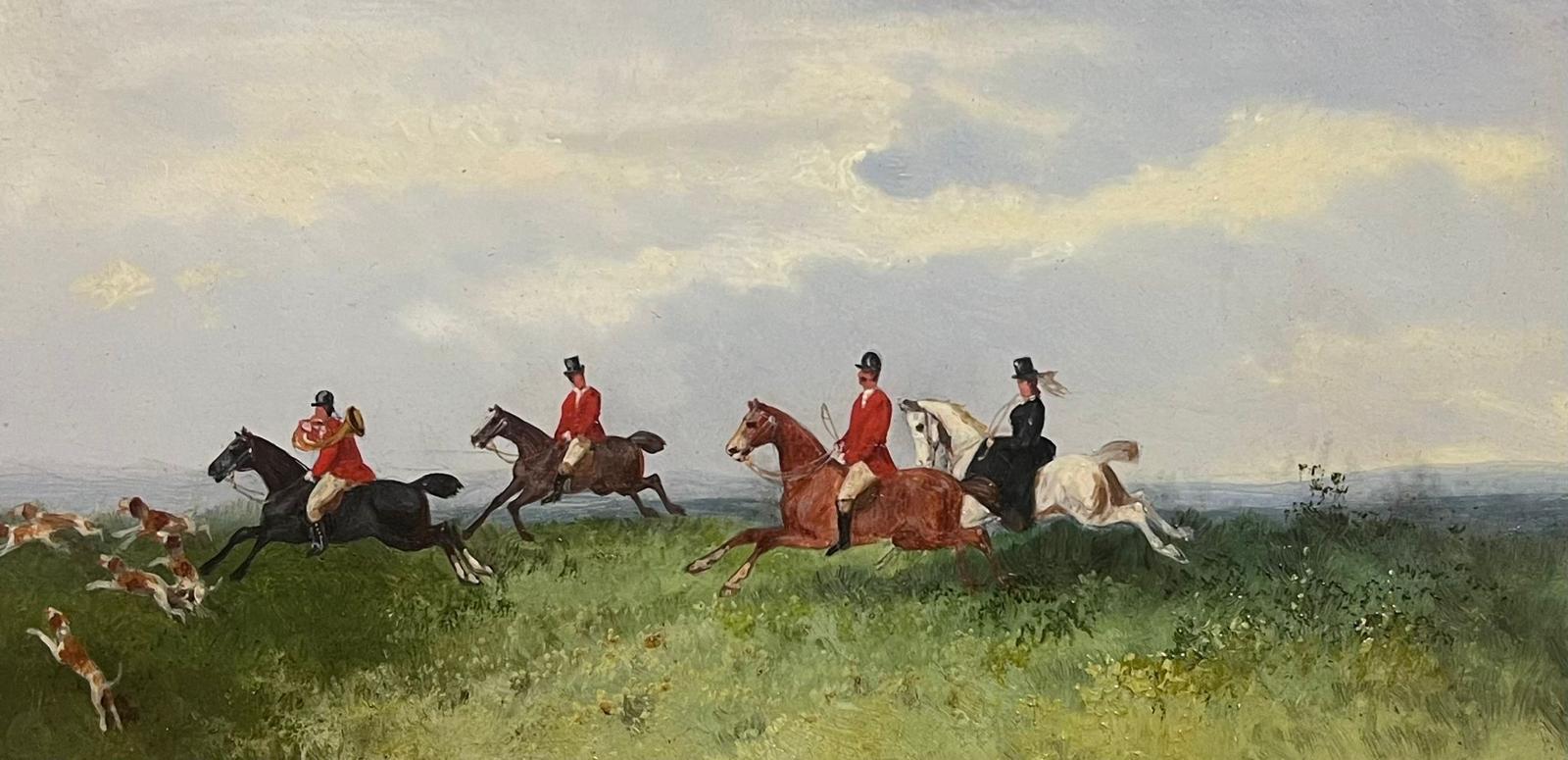 In Full Chase
classic English fox hunting scene
by Rudolf Stone (1838-1914) 
oil on wood panel, framed
framed: 15.5 x 21 inches
panel: 6.25 x 12.5 inches
provenance: private collection, England
condition: very good and sound condition